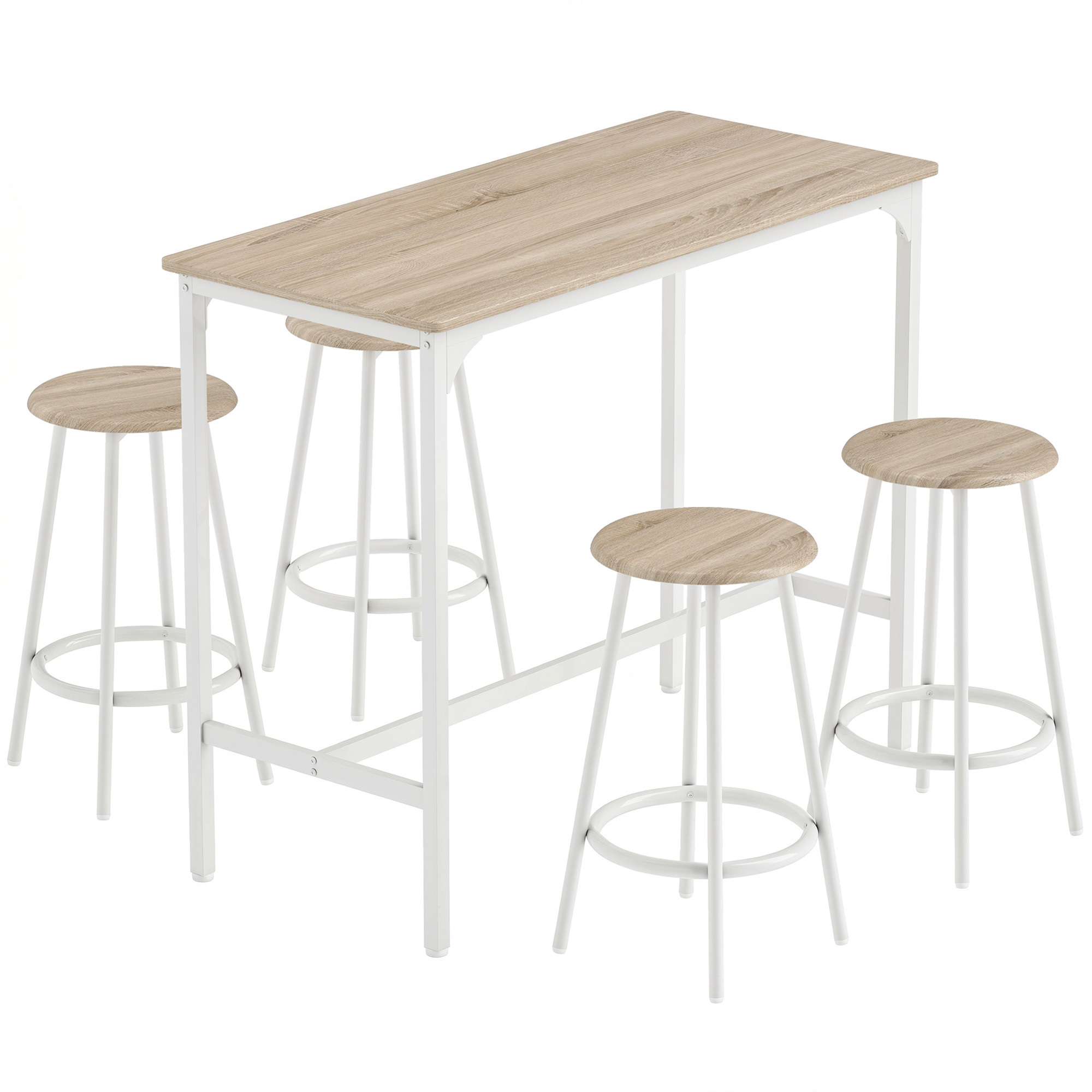5-teiliges Bartisch-Set für 4 Personen, Industrieller Stehtisch mit Hockern für Küche & Esszimmer, Eiche