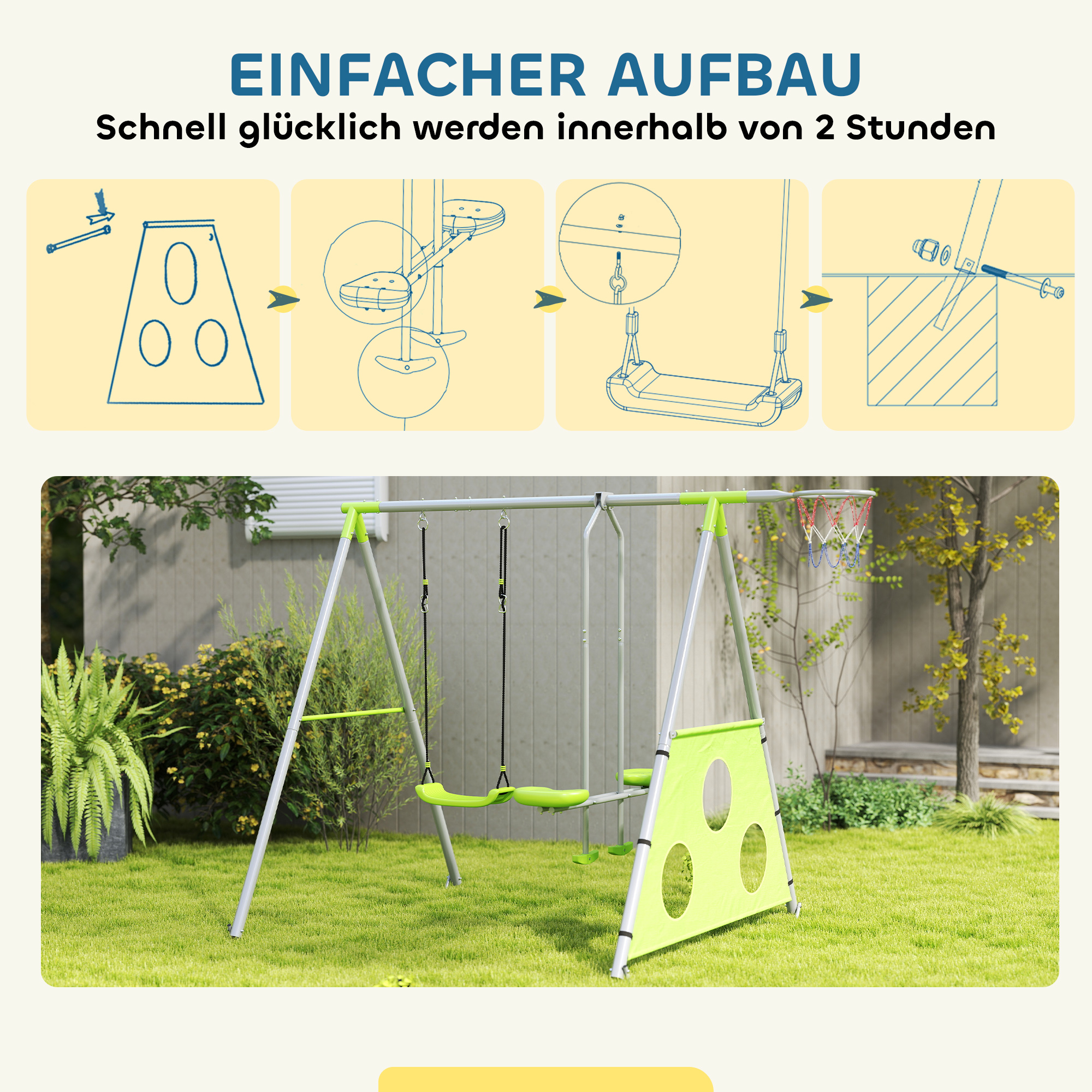 Outdoor-Schaukelset für Kinder, Kinderschaukeln, verstellbar, Stahl, Grün