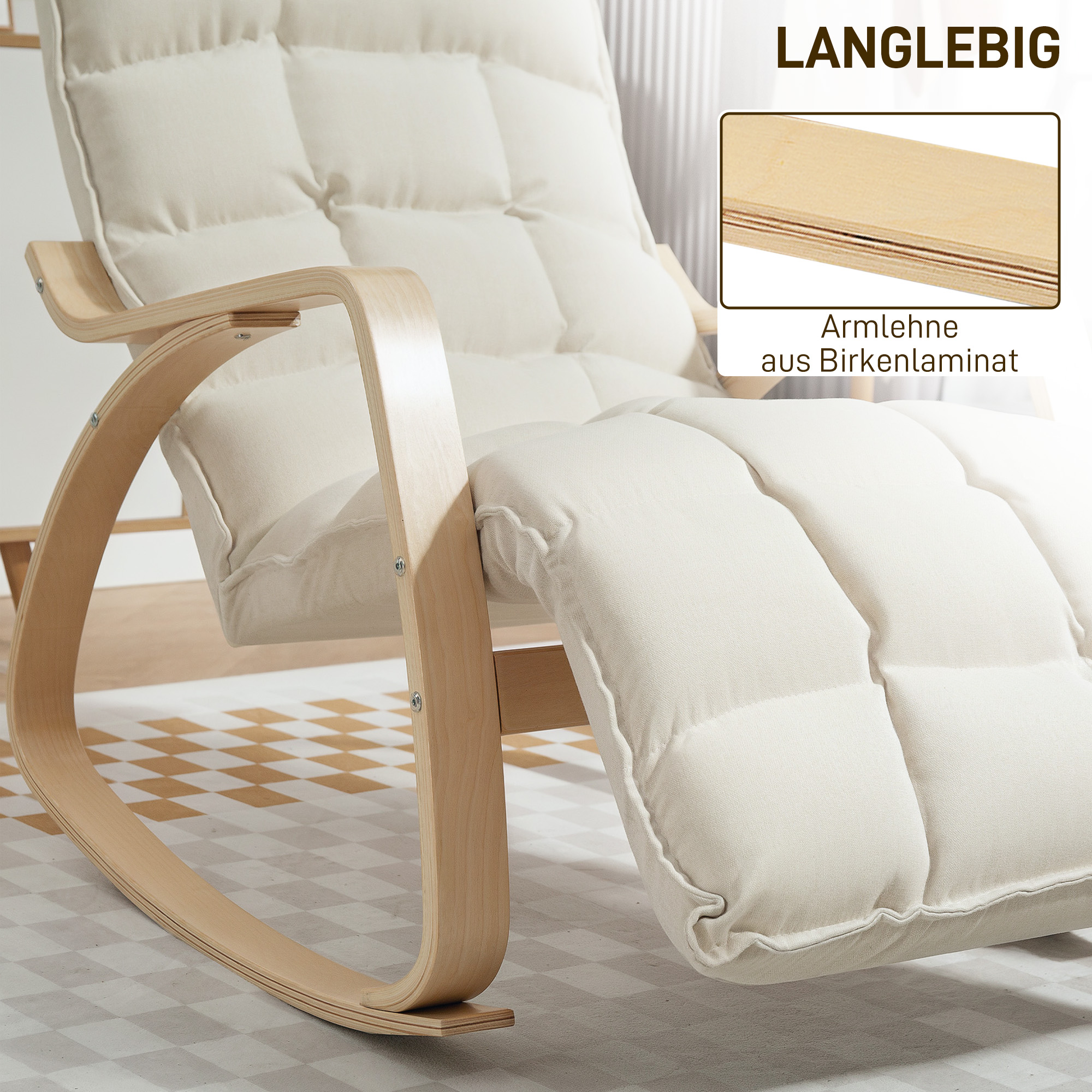 Gepolsterter Schaukelstuhl, Entspannungssessel mit Armlehnen und Stahlrahmen, für Wohnzimmer, Schlafzimmer, Cremeweiß