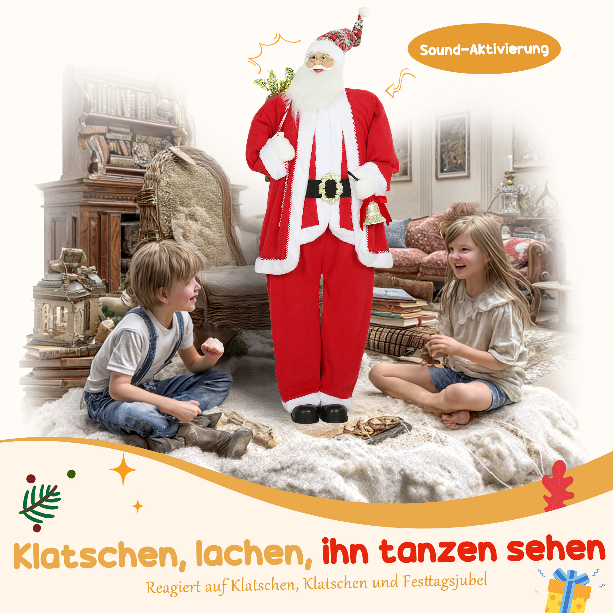 Weihnachtsmann 1,6 m stehende Weihnachtsmann mit Geschenk- und Weihnachtsglocken Soundfunktion