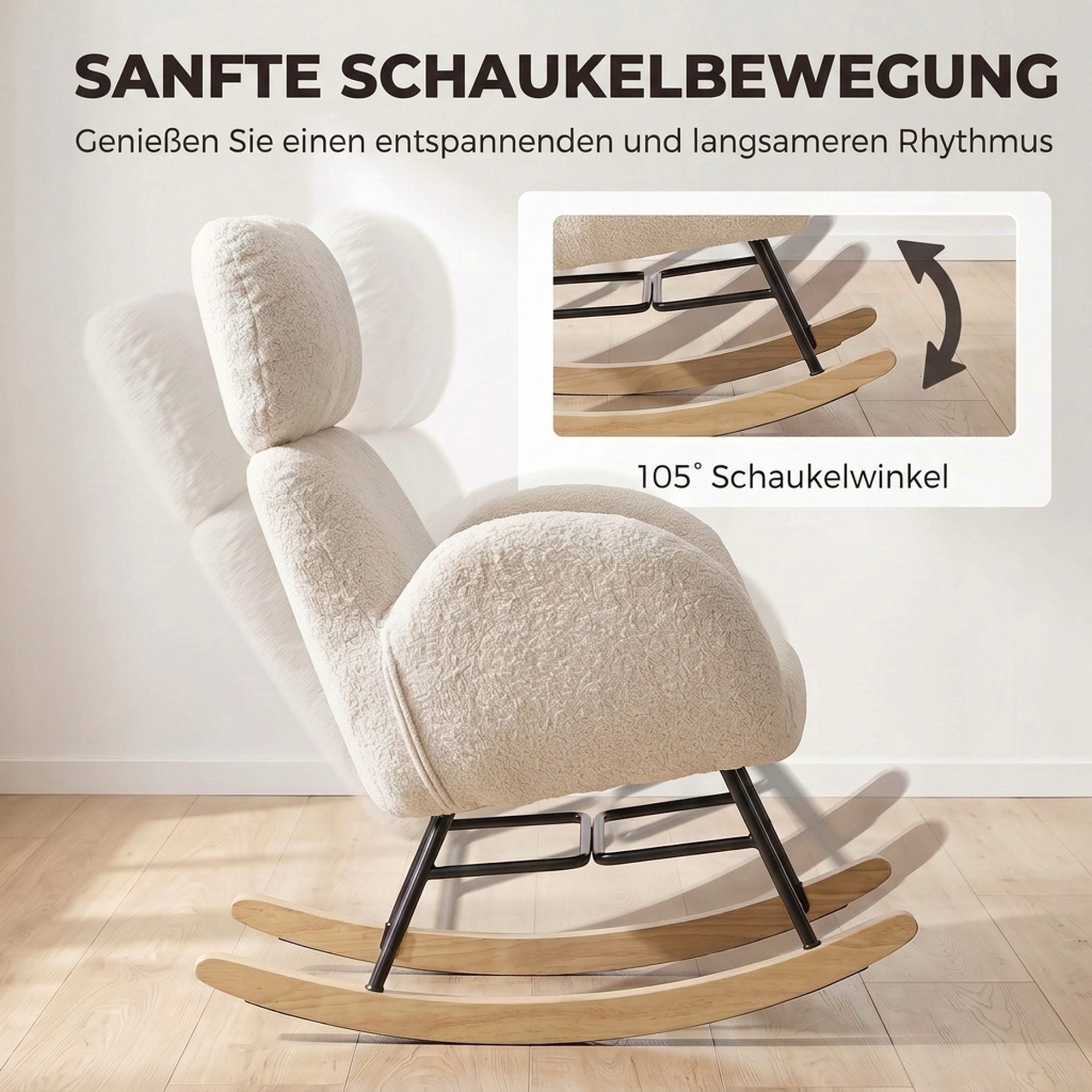 Polster-Schaukelstuhl mit verstellbarer Kopfstütze, Velours in Regentropfen-Optik, Gestell aus Gummibaumholz, Cremeweiß