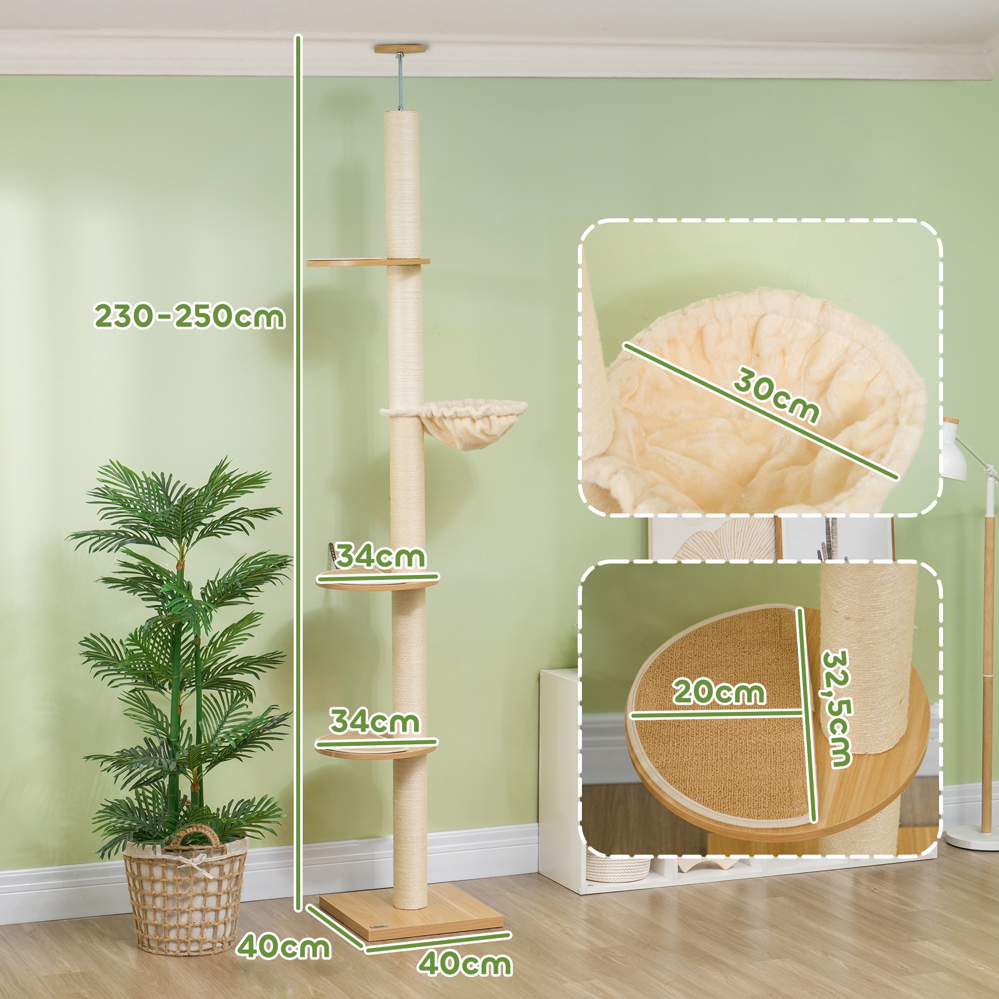 Deckenhoher Kratzbaum, Anti-Kipp-Sicherung, Sisal-Seilpfosten, Holzwerkstoff, Eiche+Cremeweiß