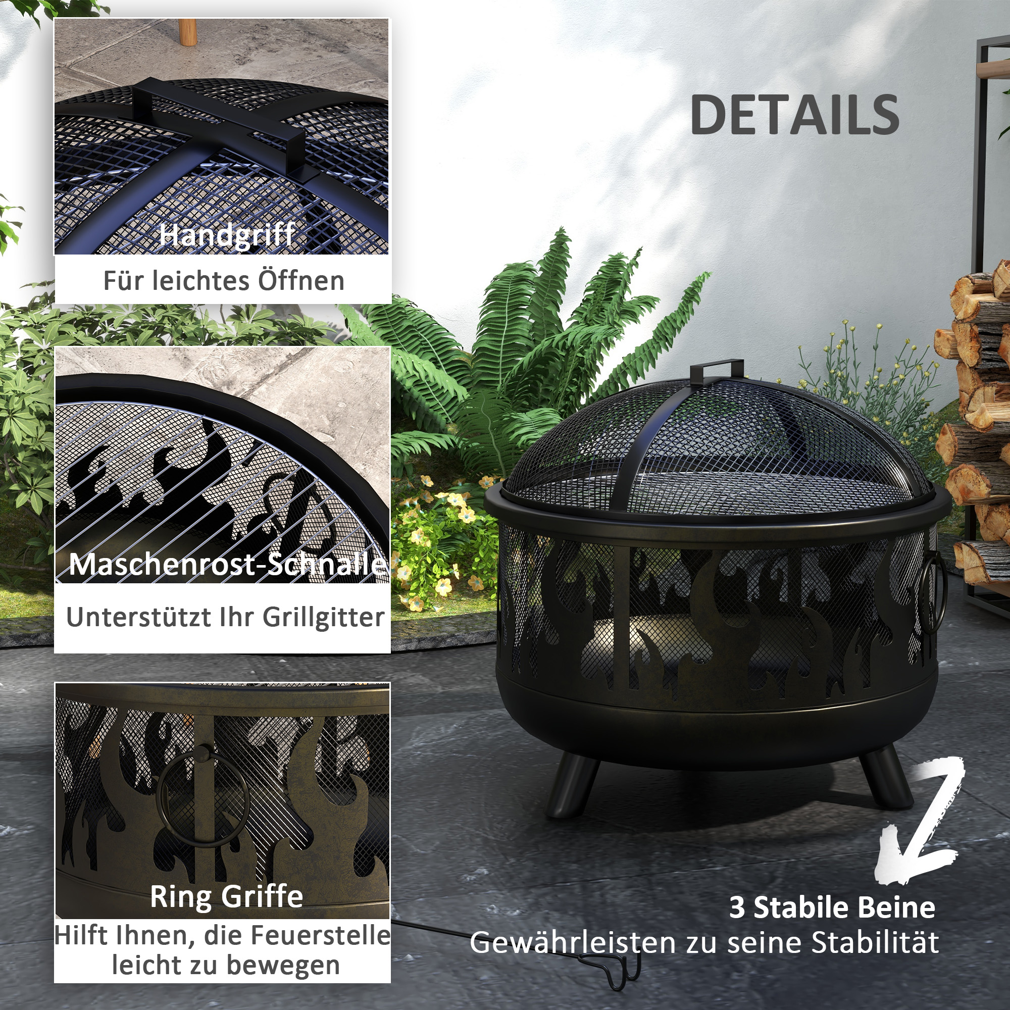 Feuerschale Feuerstelle, inkl, Funkenschutz, 1 Schürhaken, Ø61,5 cm x 52 cm, Schwarz