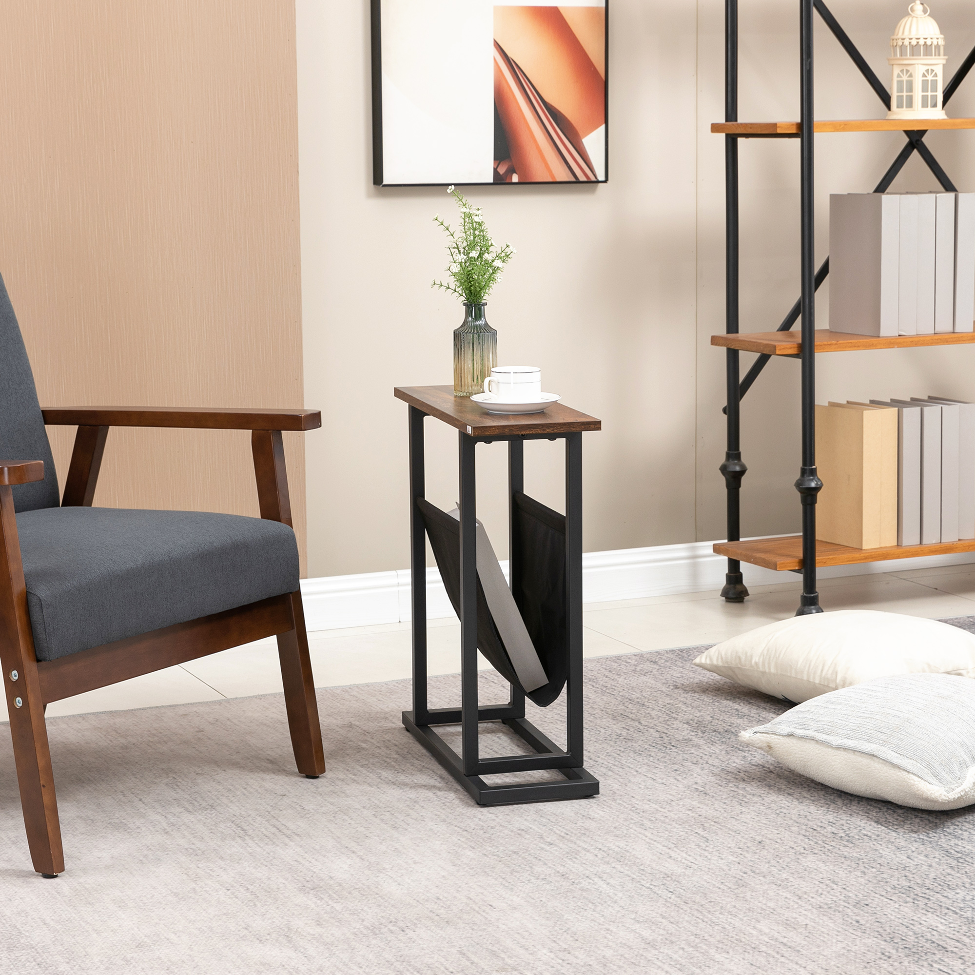 Beistelltisch, Nachttisch, schmales Design, mit Stofftasche, Stahl, dunkelbraun+schwarz, 49 x 19 x 55cm