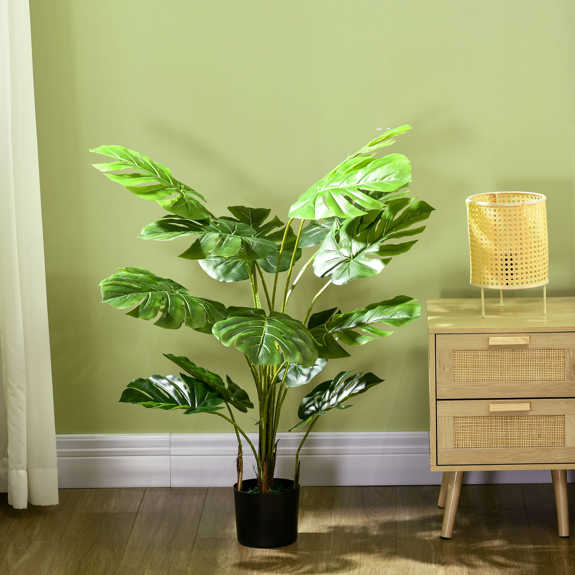 Kunstpflanze Realistische Kunstpflanze Monstera Deliciosa,1 Übertopf und Zementerde,17,5 cm x 17,5 cm x 120 cm, Grün