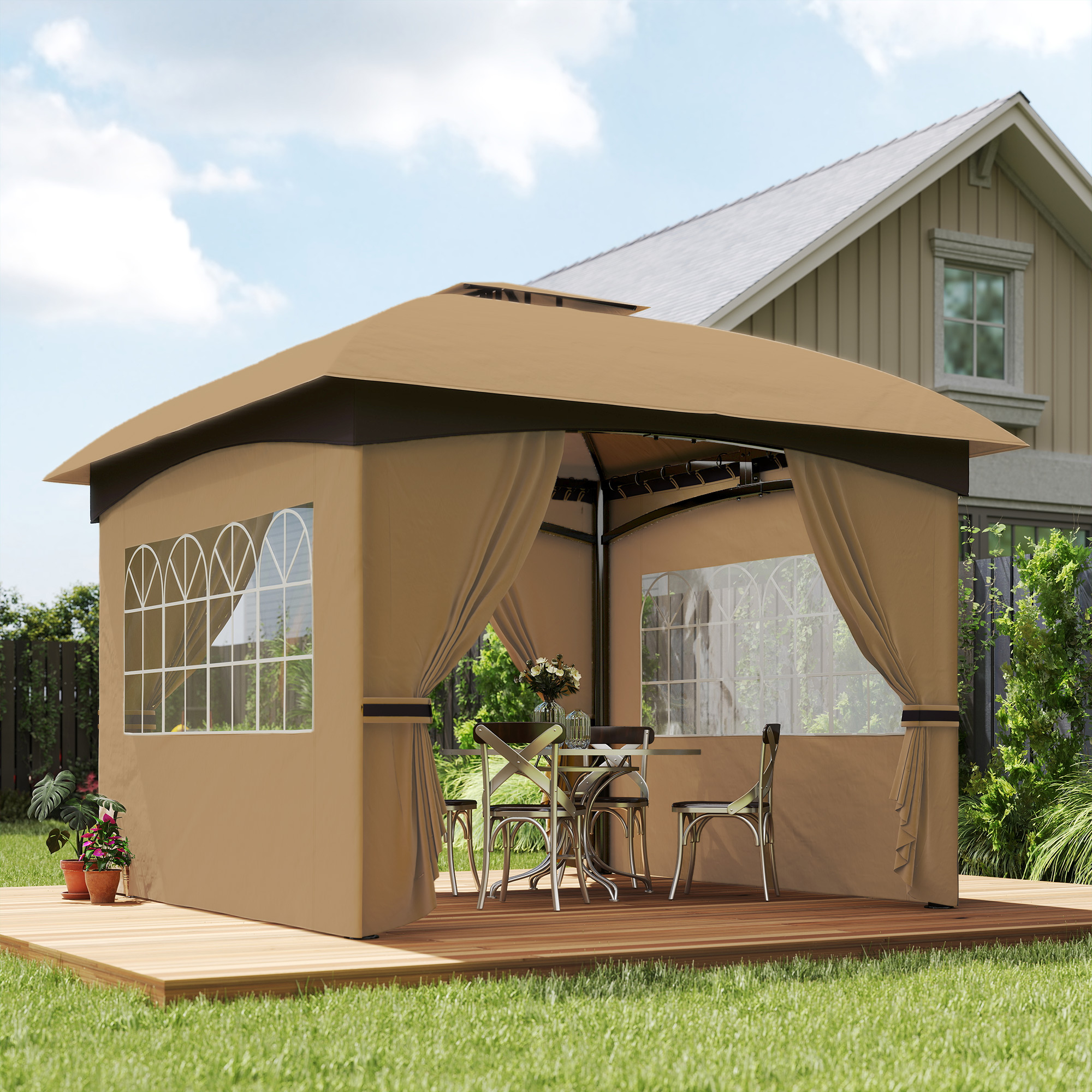 3,4 x 3,4 m Gartenpavillon, Bierzelt mit Lüftungsdach, Bogenfenstern, Stahlgestell, Beige