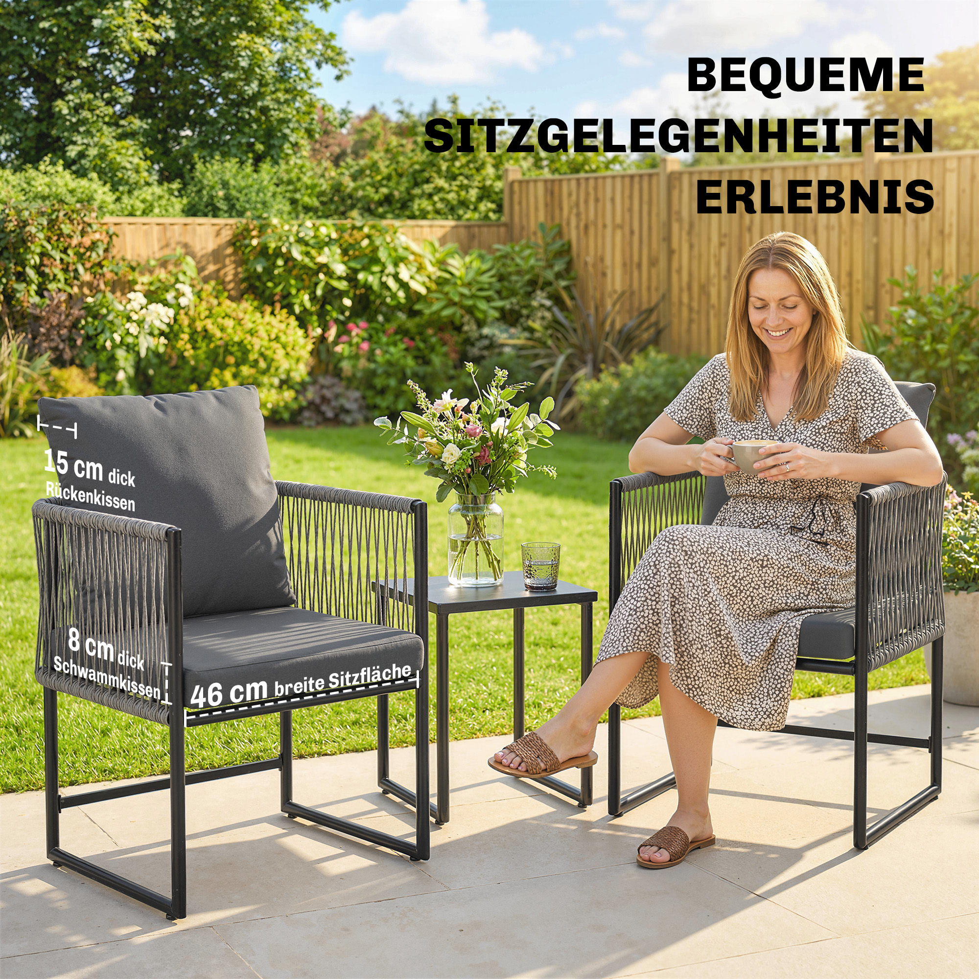Gartenstuhl 2er Set wetterfest Gartenstühle aus Stahl PE-Rattan mit Kissen Armlehne Rückenlehne 52x52x66 cm Dunkelgrau