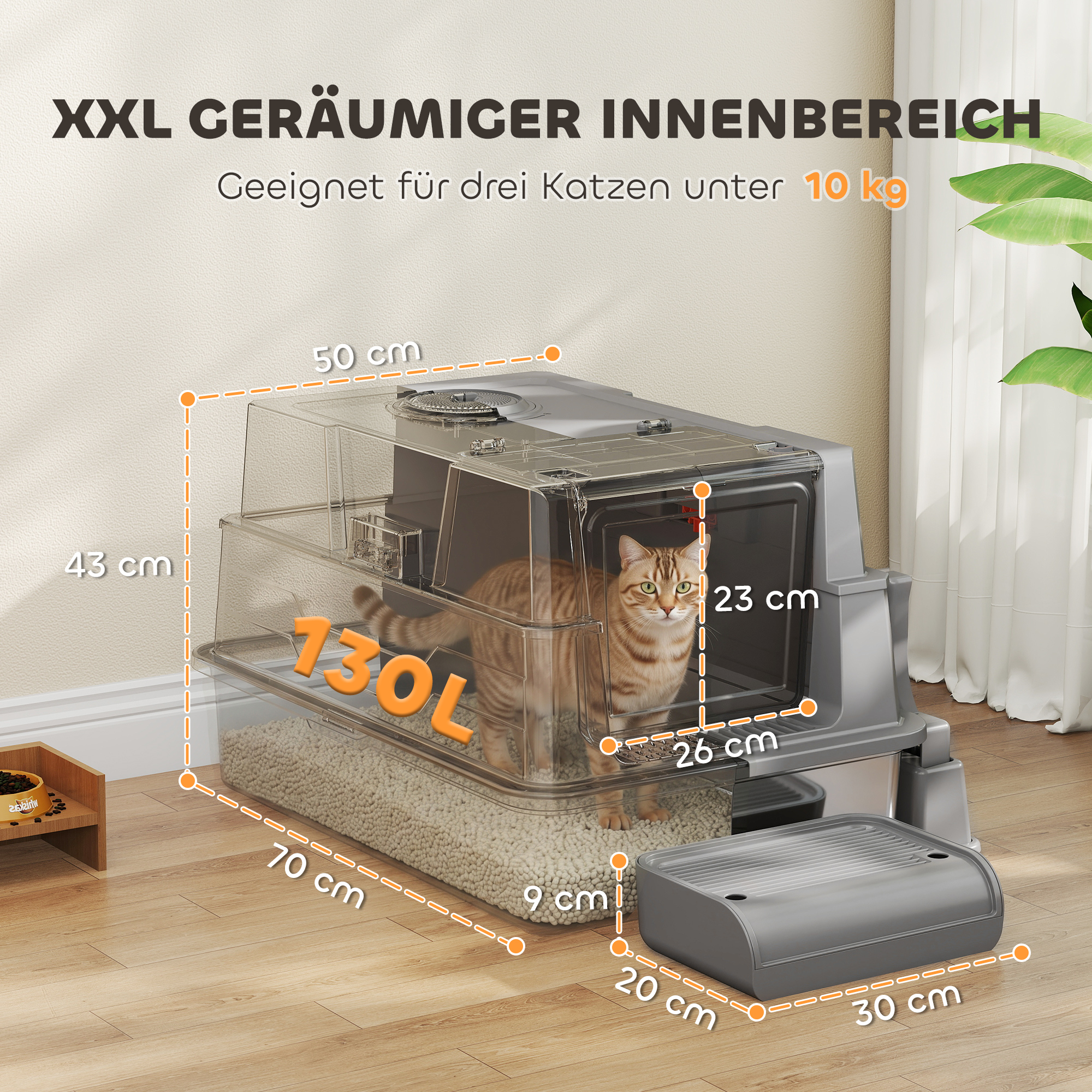 Katzenklo XXL Edelstahl Katzentoilette 130L mit 180° Klappdeckel Hohen Seitenwänden Schaufel Trittstufe 70x50x43cm Grau