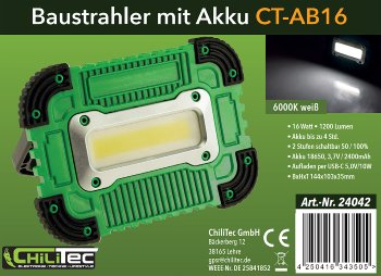Baustrahler mit Akku "CT-AB16" / 16W, 1200Lumen, Magnet