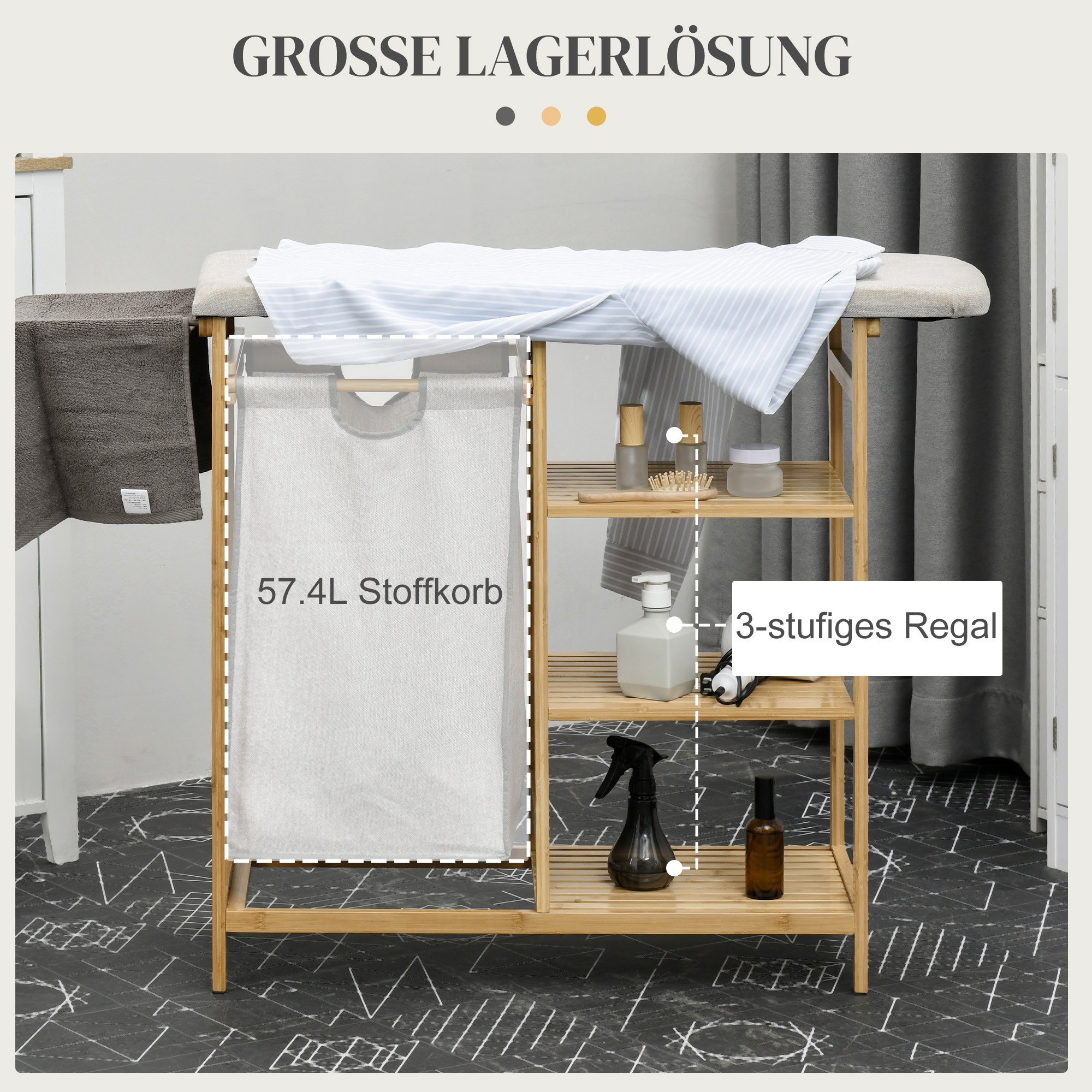 Wäschesammler, multifunktional, Bügelbrett & Stoffsack 57L, Bambusgestell, 113x34x82cm, Natur/Grau