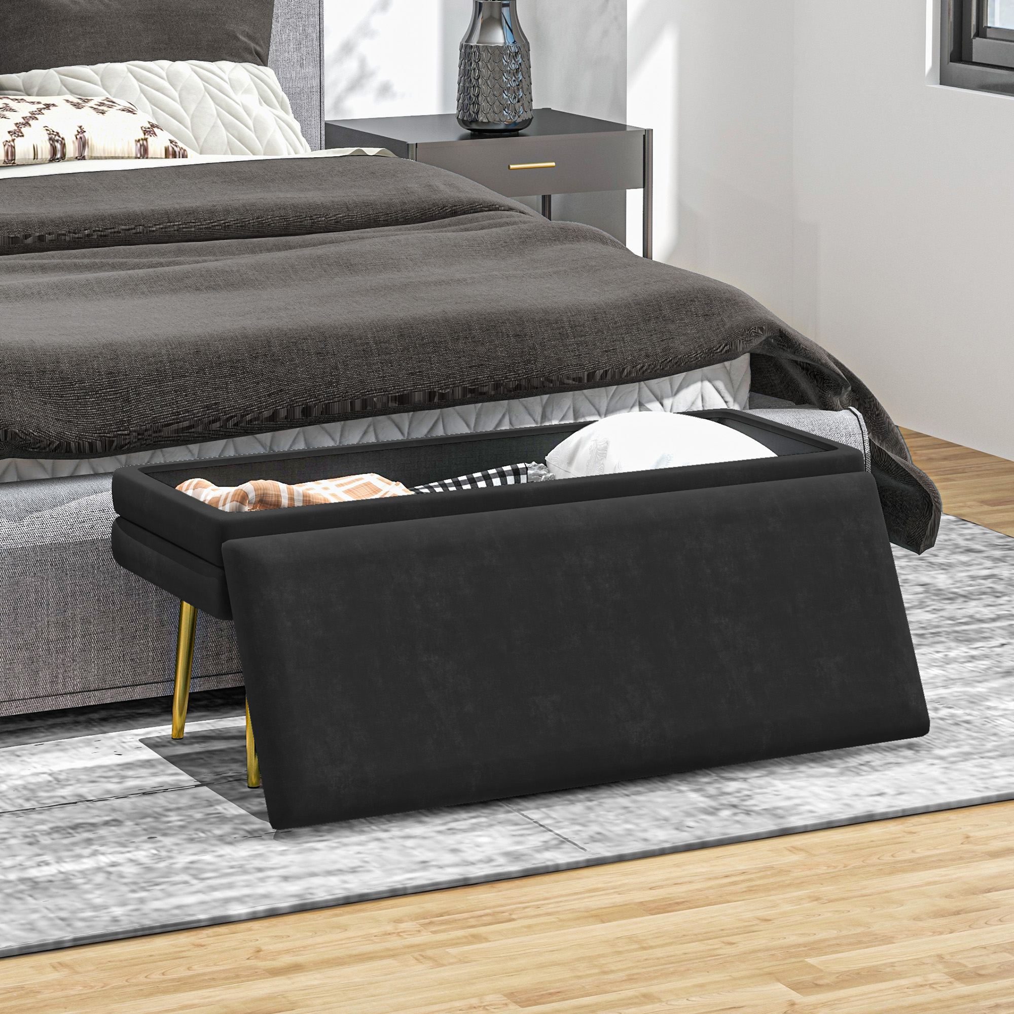 Sitzbank Polsterbank, mit Stauraum, Stahl, 100 cm x 37,5 cm x 42 cm, Schwarz