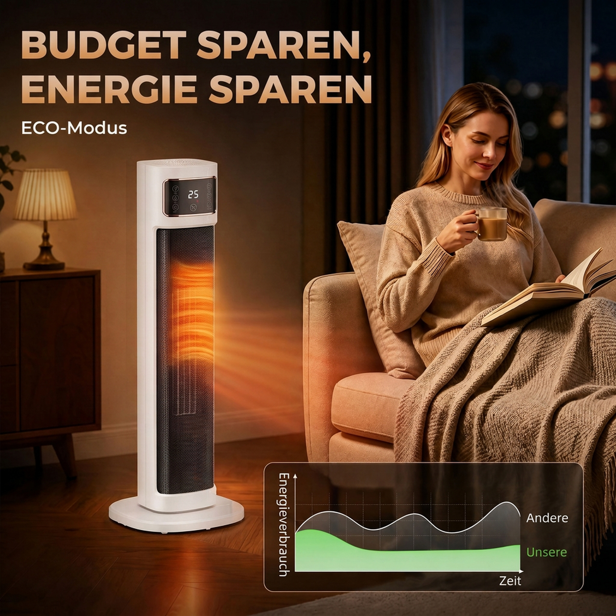 Keramik-Heizlüfter, 2.000 W, 4 Modi, Thermostat, Fernbedienung, energiesparend