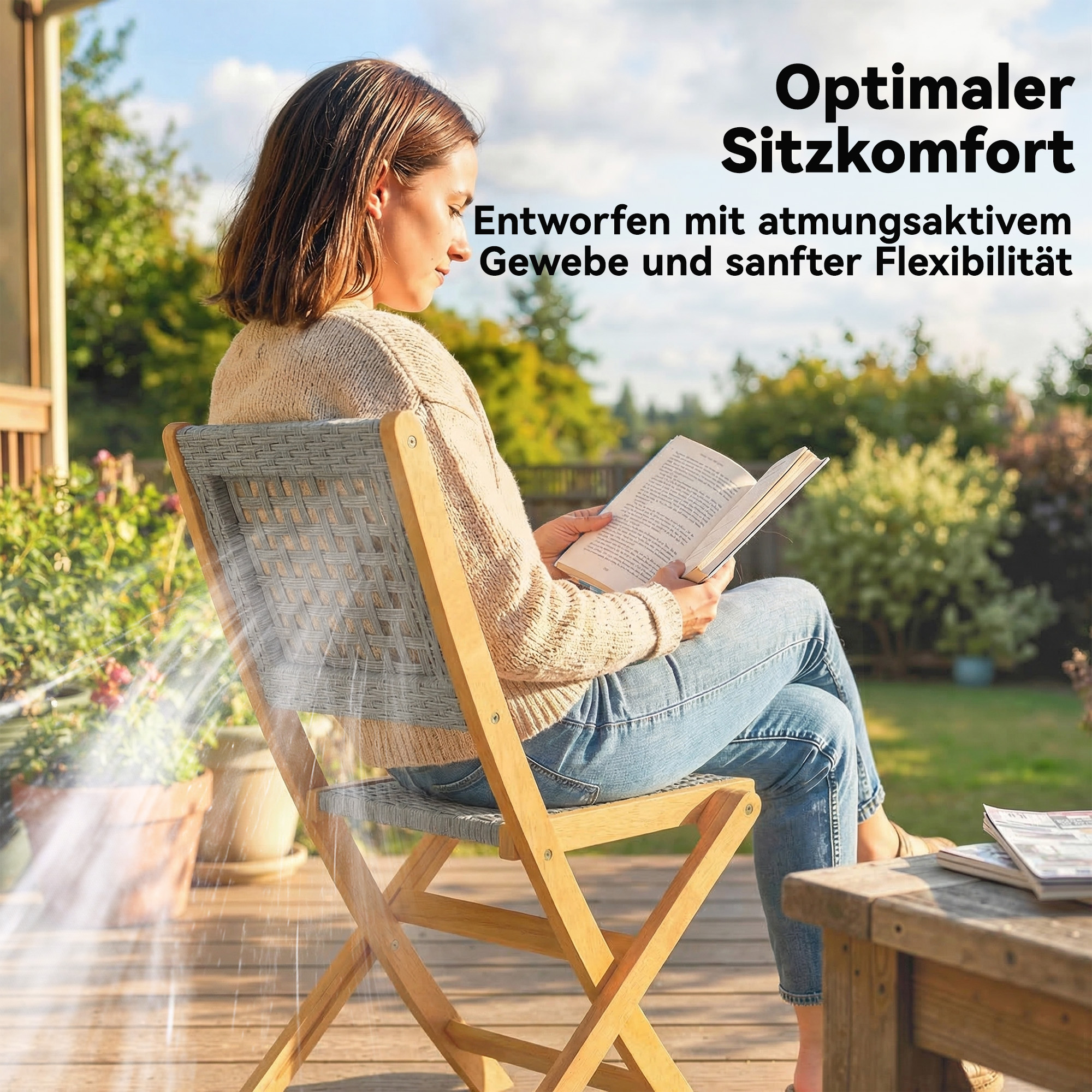 Gartenstühle 2 Stück FSC Klappstuhl mit Atmungsaktiv Sitz angenehme Sitzhöhe aus Massivholz & Polyrattan