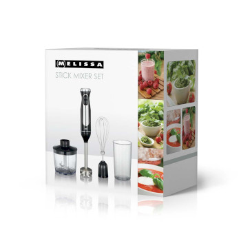 Stabmixer-Set | 600 W | 2 Geschwindigkeiten | Variable Geschwindigkeitseinstellung | Mini-Zerkleinerer | Schneebesen | Edelstahlschaft und -klingen | Edelstahl / schwarz