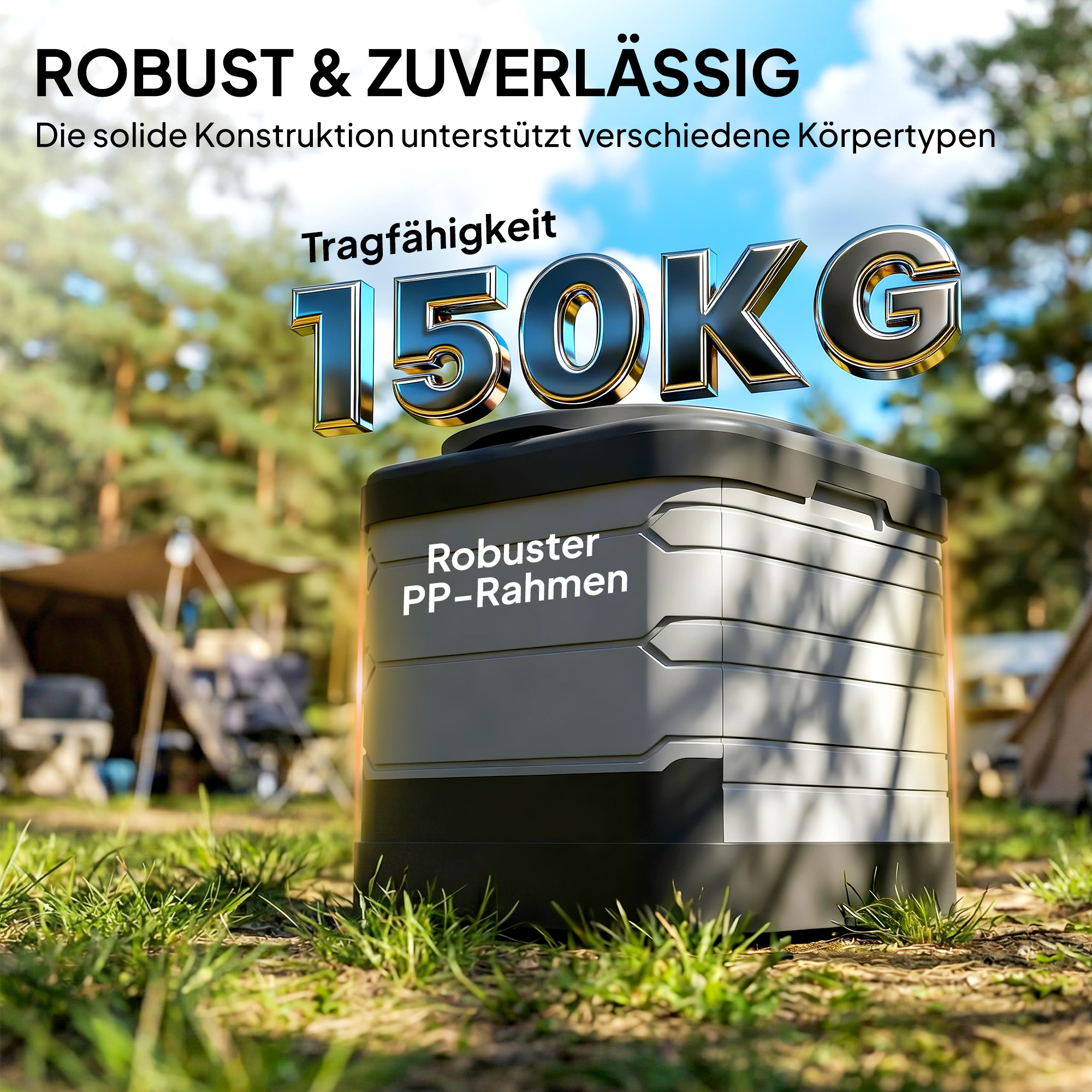 Campingtoilette Faltbare Reisetoilette bis 150 kg mit 12 Gerinnungspulver-Päckchen 12 Entsorgungsbeuteln 42 x 46 x 43,5 cm Grau