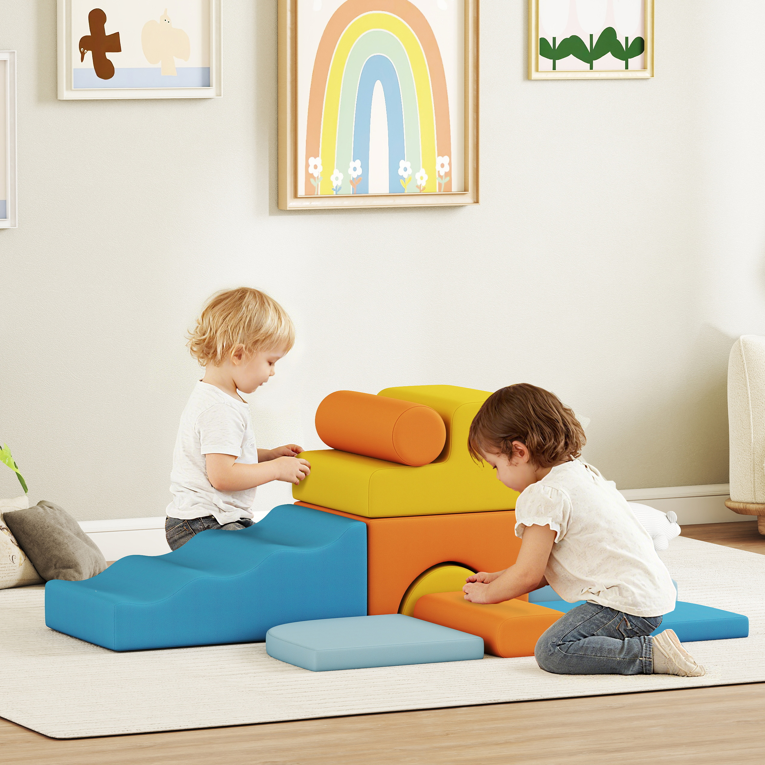 9-teiliges Soft-Baustein-Set, weiche Blöcke zum Bauen und Spielen, Indoor-Spielset für Kleinkinder, Schaumstoff, Bunt
