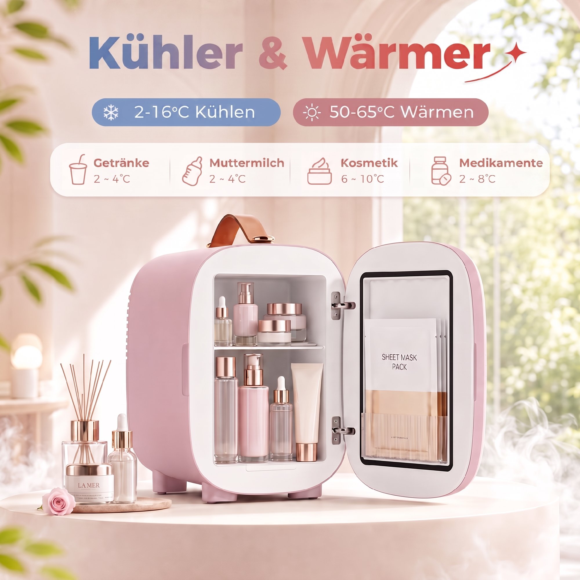 Mini Kühlschrank Kühlschrank Beauty Fridge, 4 L Fassungsvermögen, 20,3 x 26,3 x 28 cm, Rosa