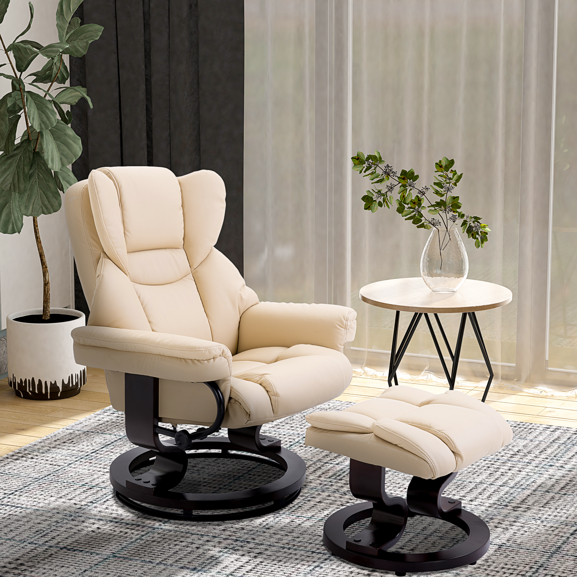 Relaxsessel mit Hocker, Liegefunktion, drehbar, bis 160 kg, Kunstleder, Metallrahmen, creme, 80 x 79 x 100 cm