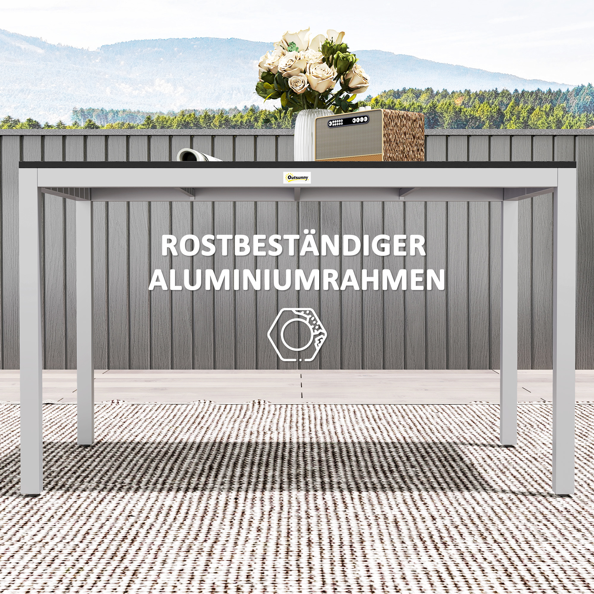 Gartentisch Aluminium 120x70 cm Wetterfest Balkontisch mit Holzoptik, für 4-6 Personen Schwarz