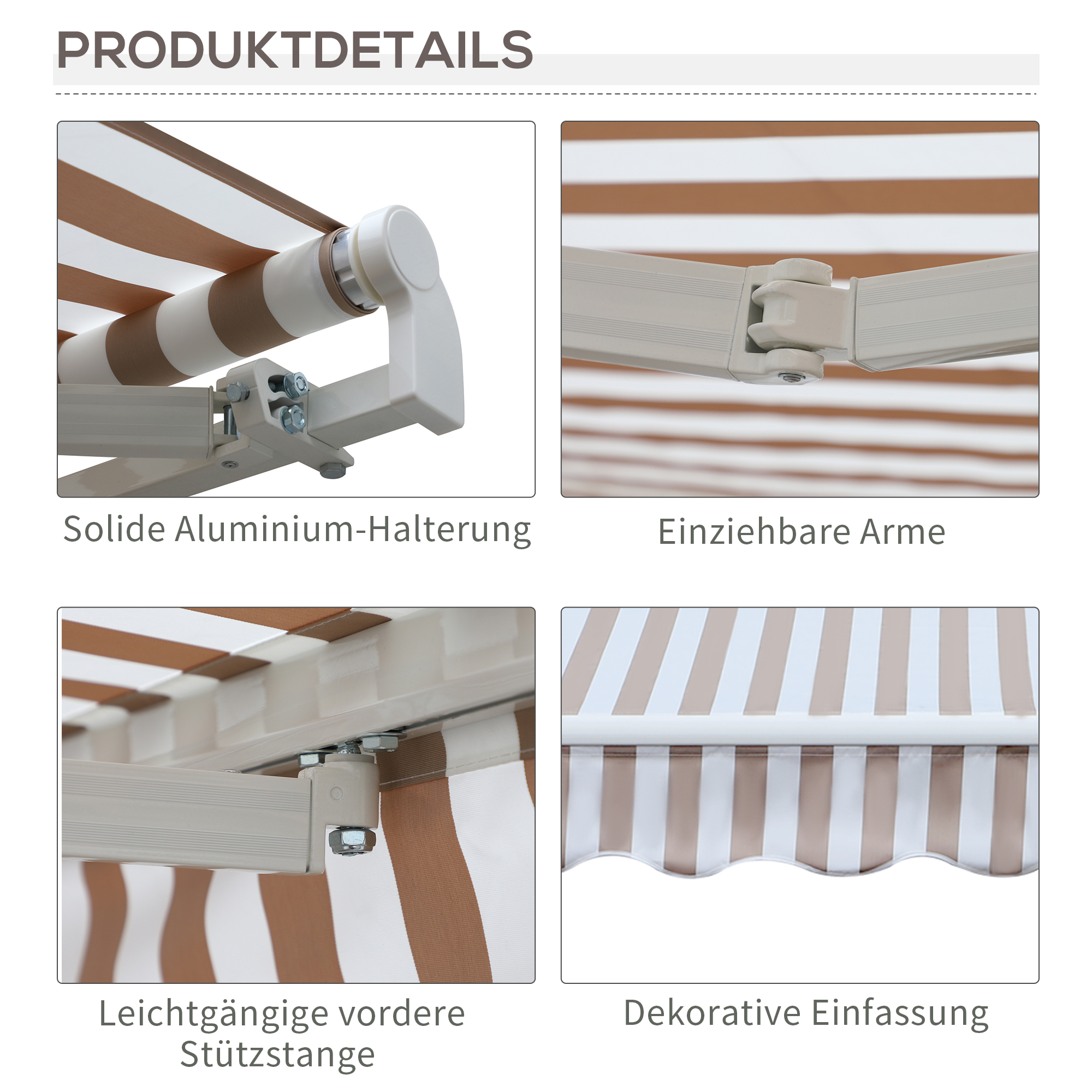 Markise mit Handkurbel, Gelenkarmmarkise, Sonnenschutz, Wandmontage, Balkon, Alu Berge 3 x 2,5 m