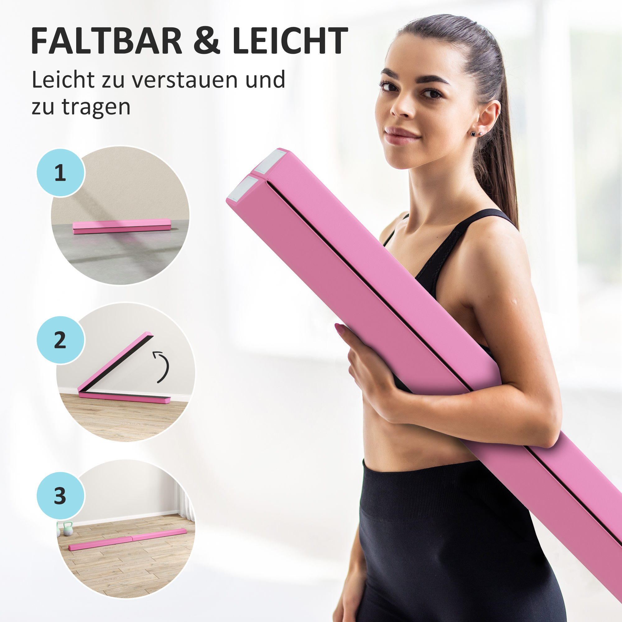 Schwebebalken 2,4 m, faltbar, rutschfester Boden, für 3+ Jahre, bis 80 kg, Hellrot