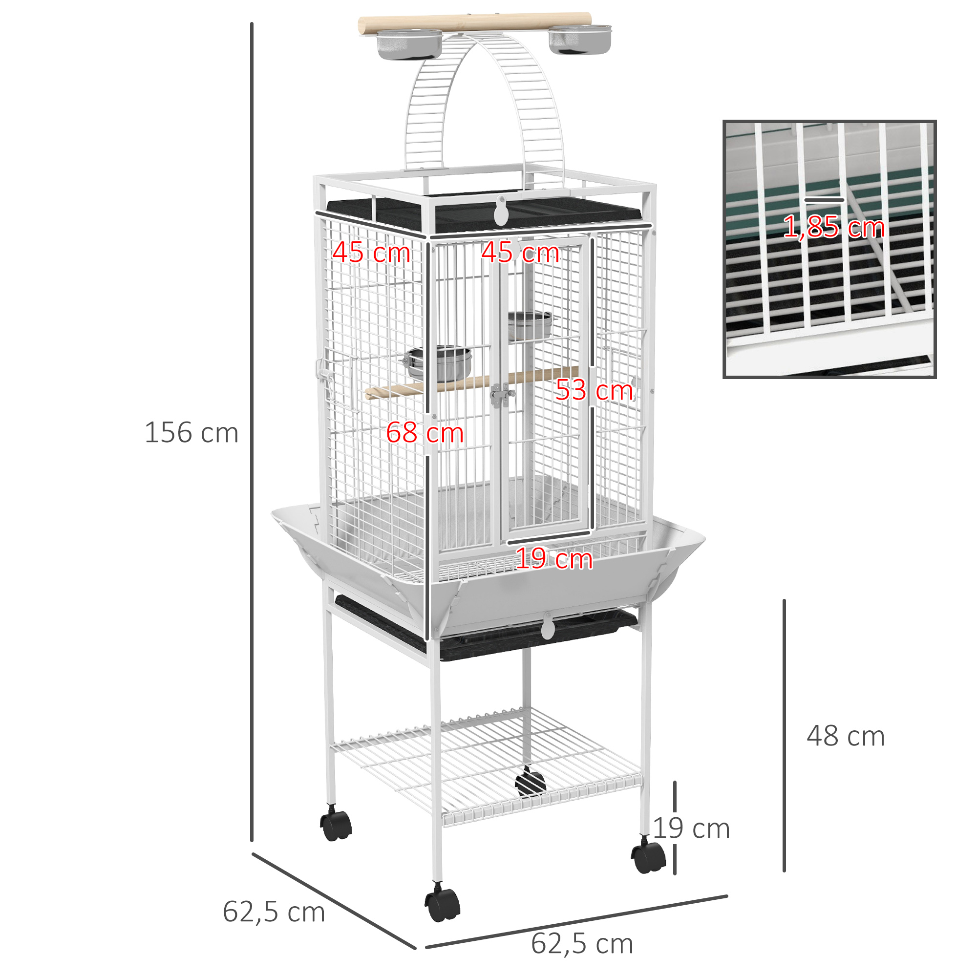 Vogelkäfig, Papageienkäfig mit 3 Türen, 2 Sitzstange, 360° Rollen, Futternapf, Ablage, Freisitz, 62,5x62,5x156cm, Weiß