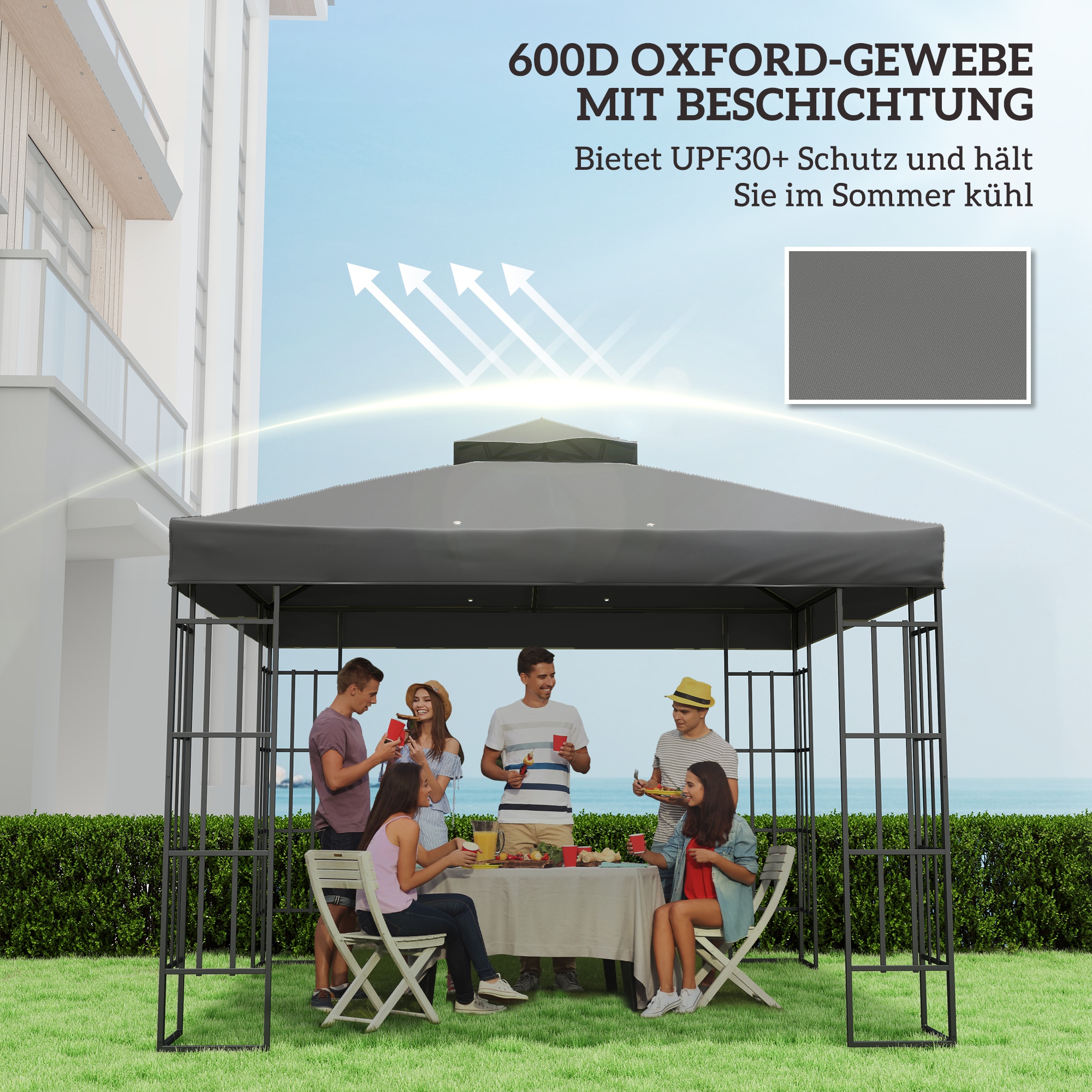 3 x 3 m Ersatzdach für Pavillon, Pavillon-Ersatzplane mit Wasserablauf-Löchern, UPF30+, Sonnenschutz, Dunkelgrau