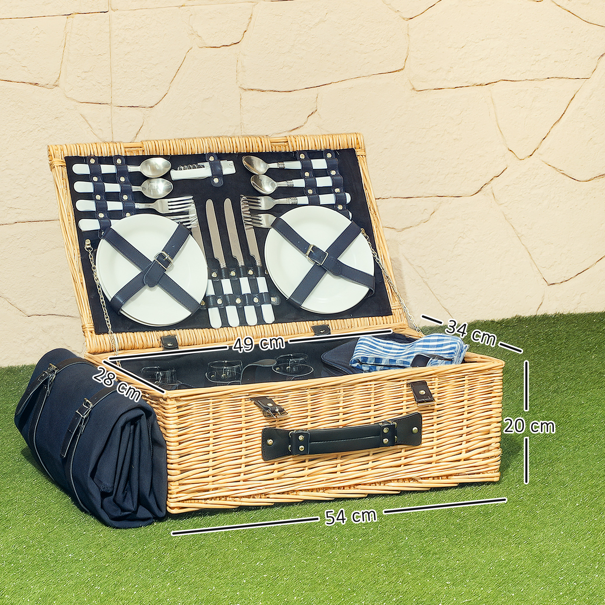 Picknickkorb aus Weidenholz Picknickkoffer für 4 Personen mit Isoliert Kühlfach Besteck Set Naturholz