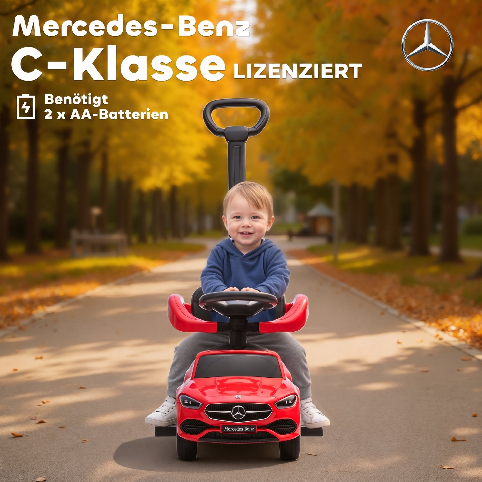 Rutschauto mit Schiebstange 2-in-1 Rutschfahrzeug mit abnehmbarem Griff, Sicherheitsgeländer, Stauraum, Hupe & Lenkrad