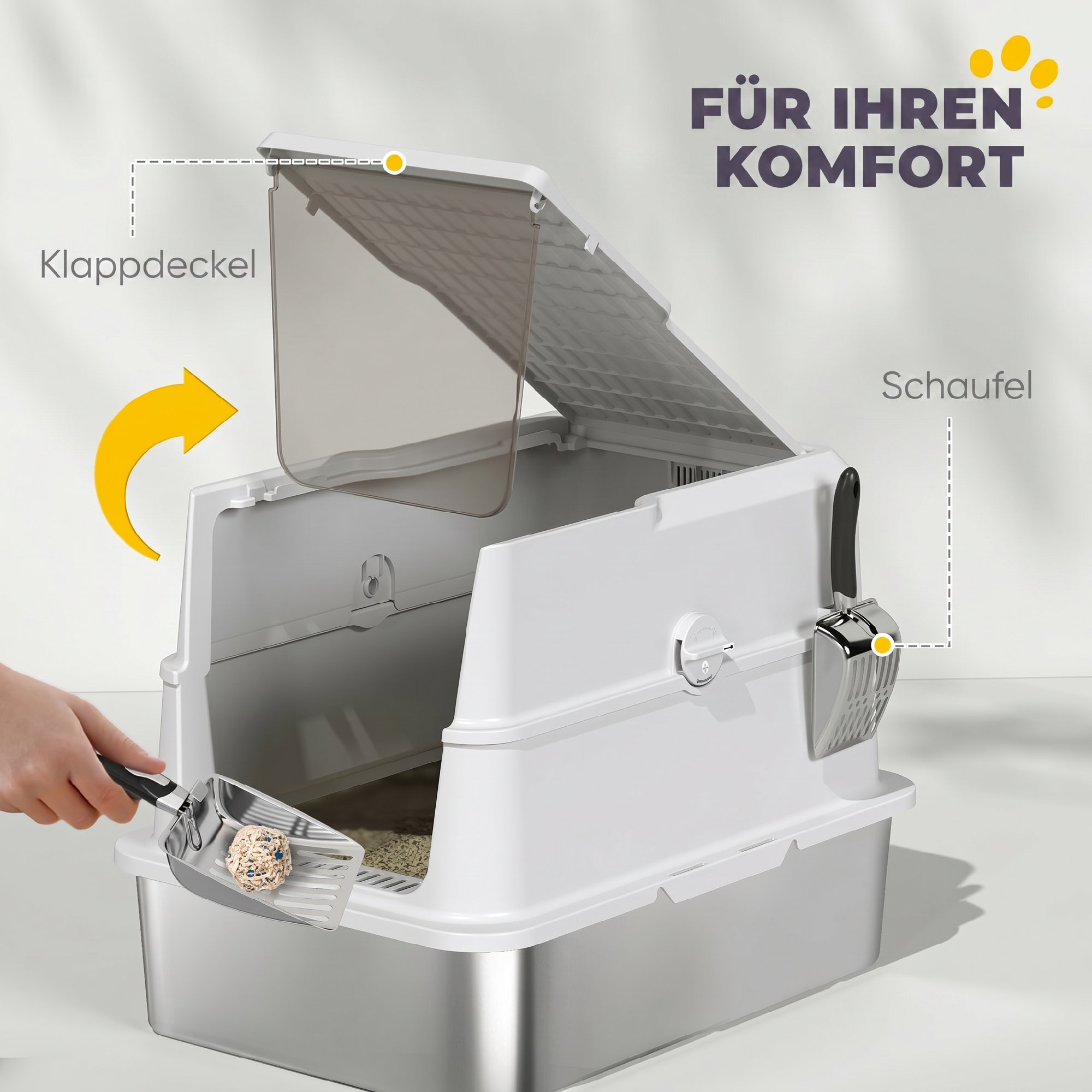 Katzentoilette, Edelstahl, XL-Innenraum, mit Schaufel, Hellgrau