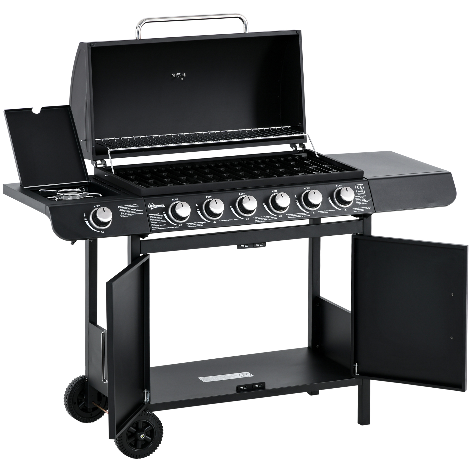 Gasgrill mit 7 Brennern, inkl. Thermometer,  BBQ -Grill, mobiler Grill, Schwarz