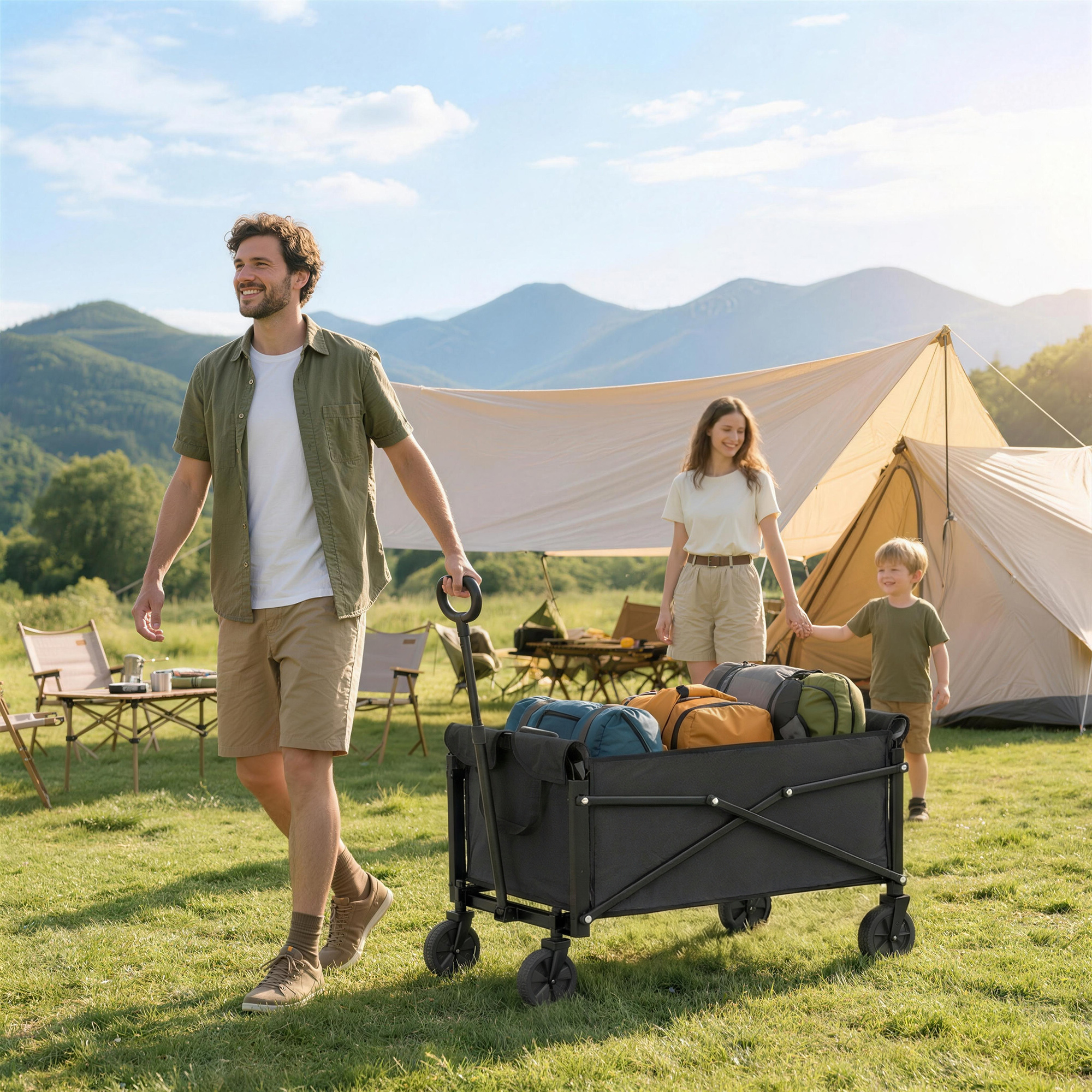 80L Festivalwagen auf Rädern, kompakter faltbarer Gartenwagen mit verstellbarem Griff, Schwarz