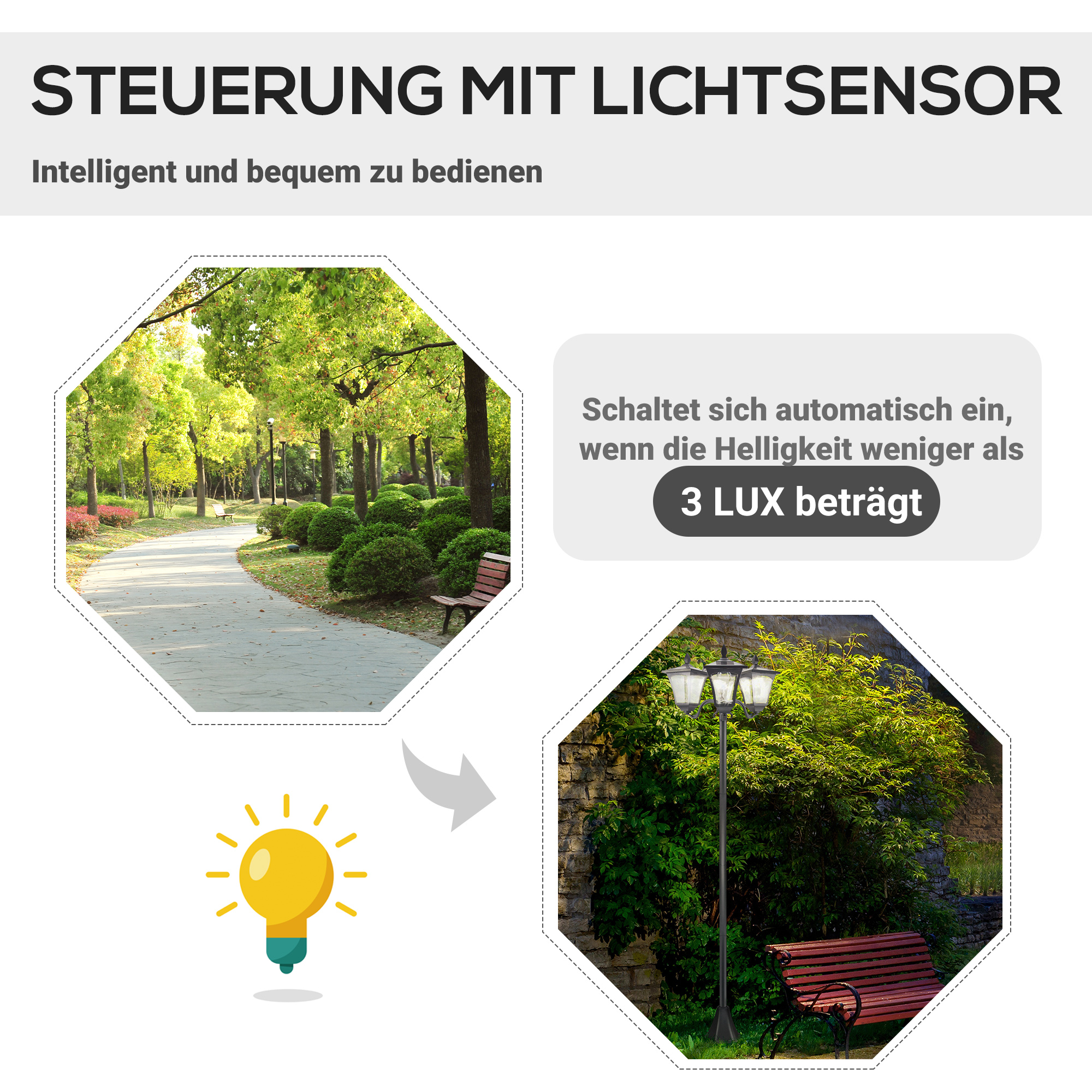 Solar Gartenlaterne mit 3 flammig Laterne Mast aus Edelstahl Solarlaterne mit LED 120 Lumen 51,5x47x182,5cm Wegeleuchte IP44 für Garten Balkon Schwarz