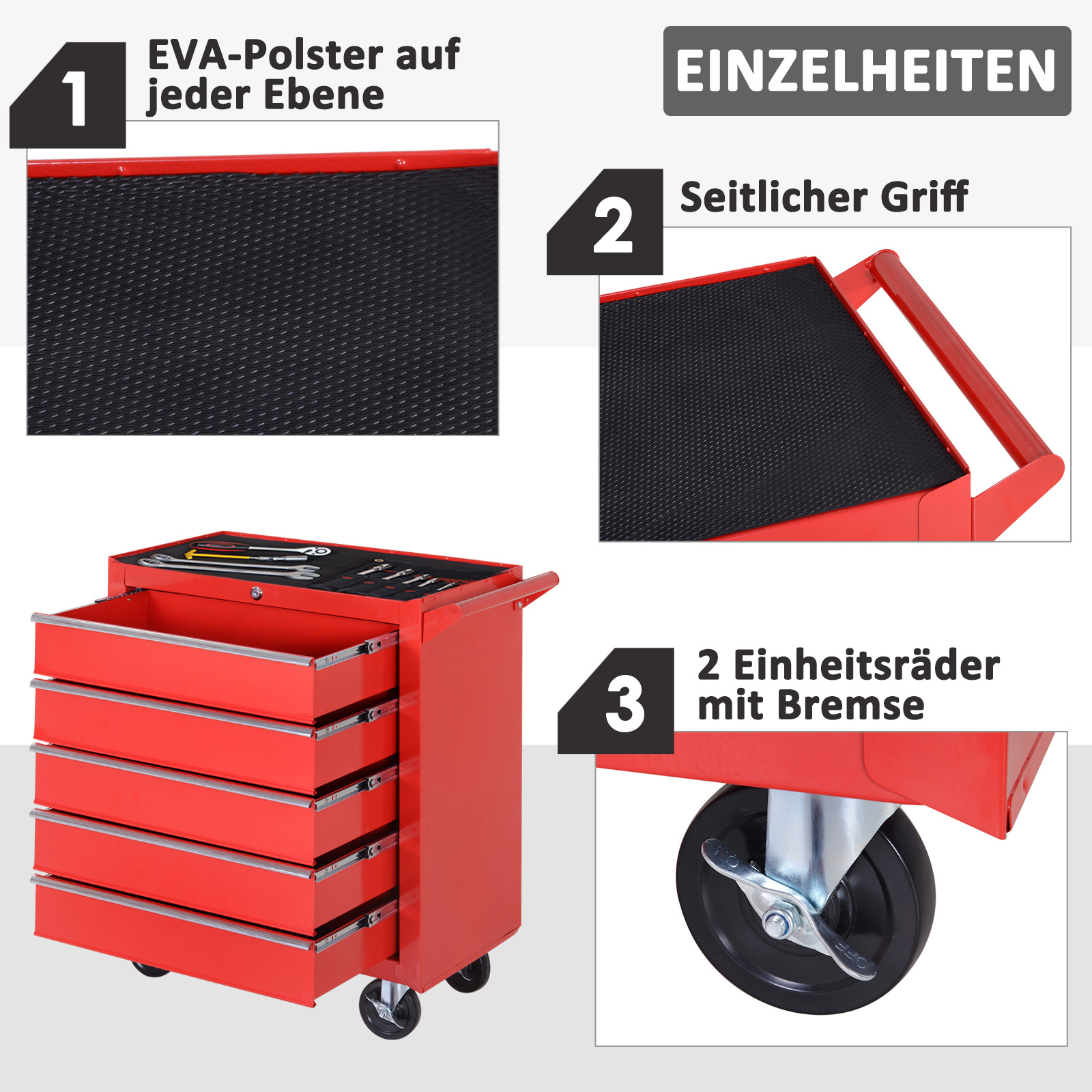 Rollschrank, Werkzeugschrank für Garage, Schuppen, Stahl, 69L x 33B x 75H cm, Rot