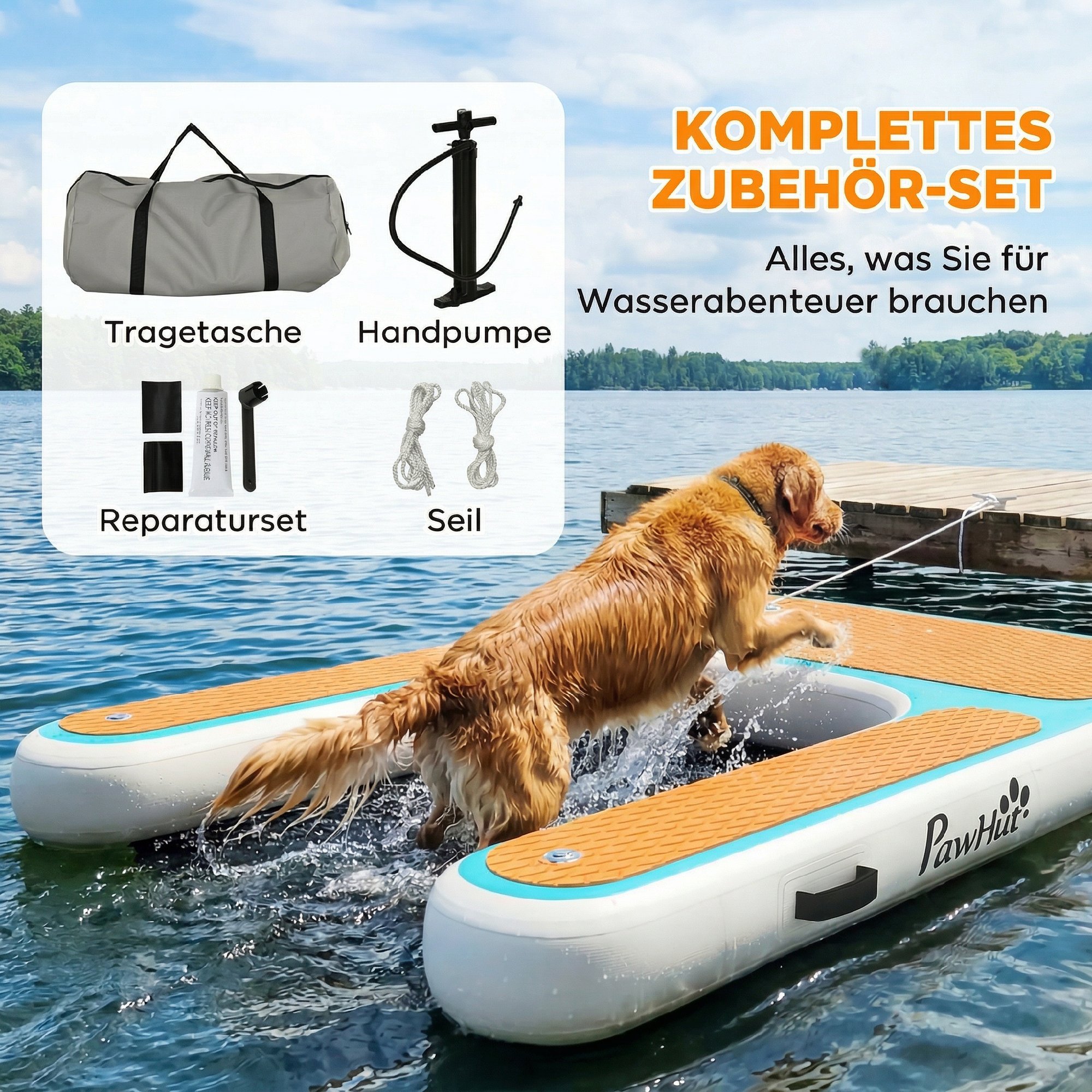 Aufblasbare Hunde Wasserrampe Hunderampe Pool 151x102 cm Tragbares Hundeboot mit Rutschfester EVA-Oberfläche Orange