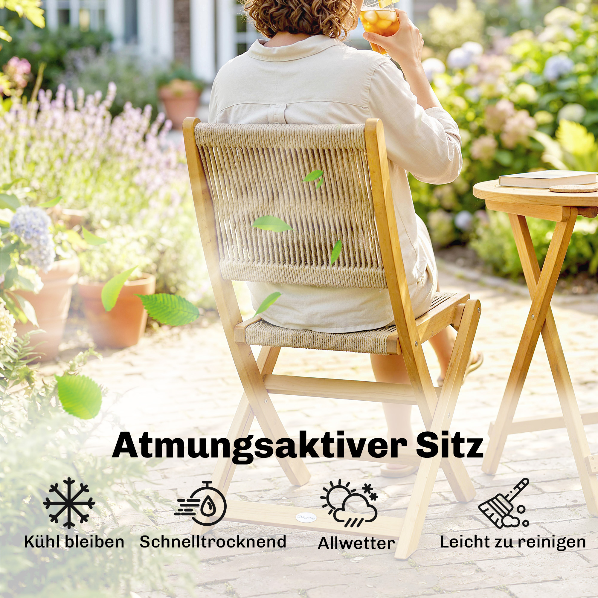 Balkonmöbel Set 3 teilig Polyrattan Holz klappbar Gartenmöbel Set mit Tisch 2 Stühle, Atmungsaktiv