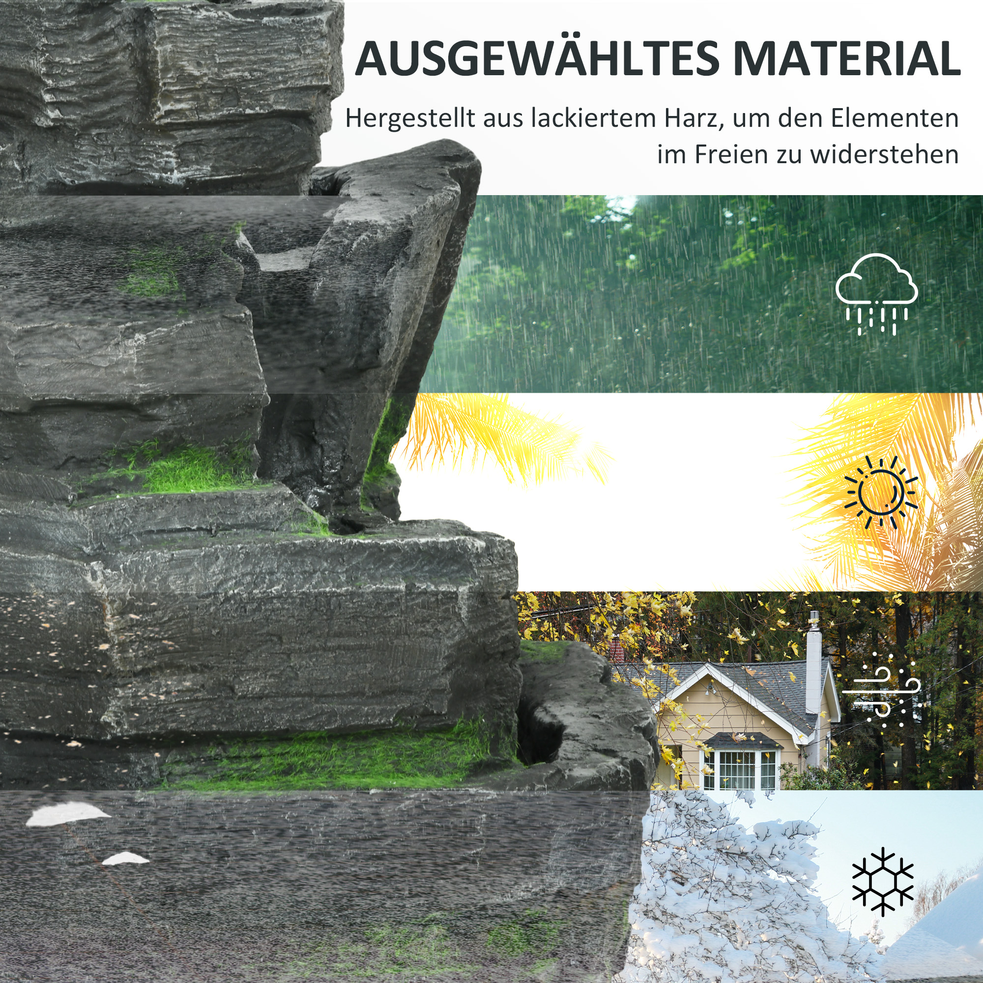 Gartenbrunnen, Steinoptik, 4-stufig, Solarbetrieb, LEDs, 57cm Höhe, Kunstharz, Grau/Braun