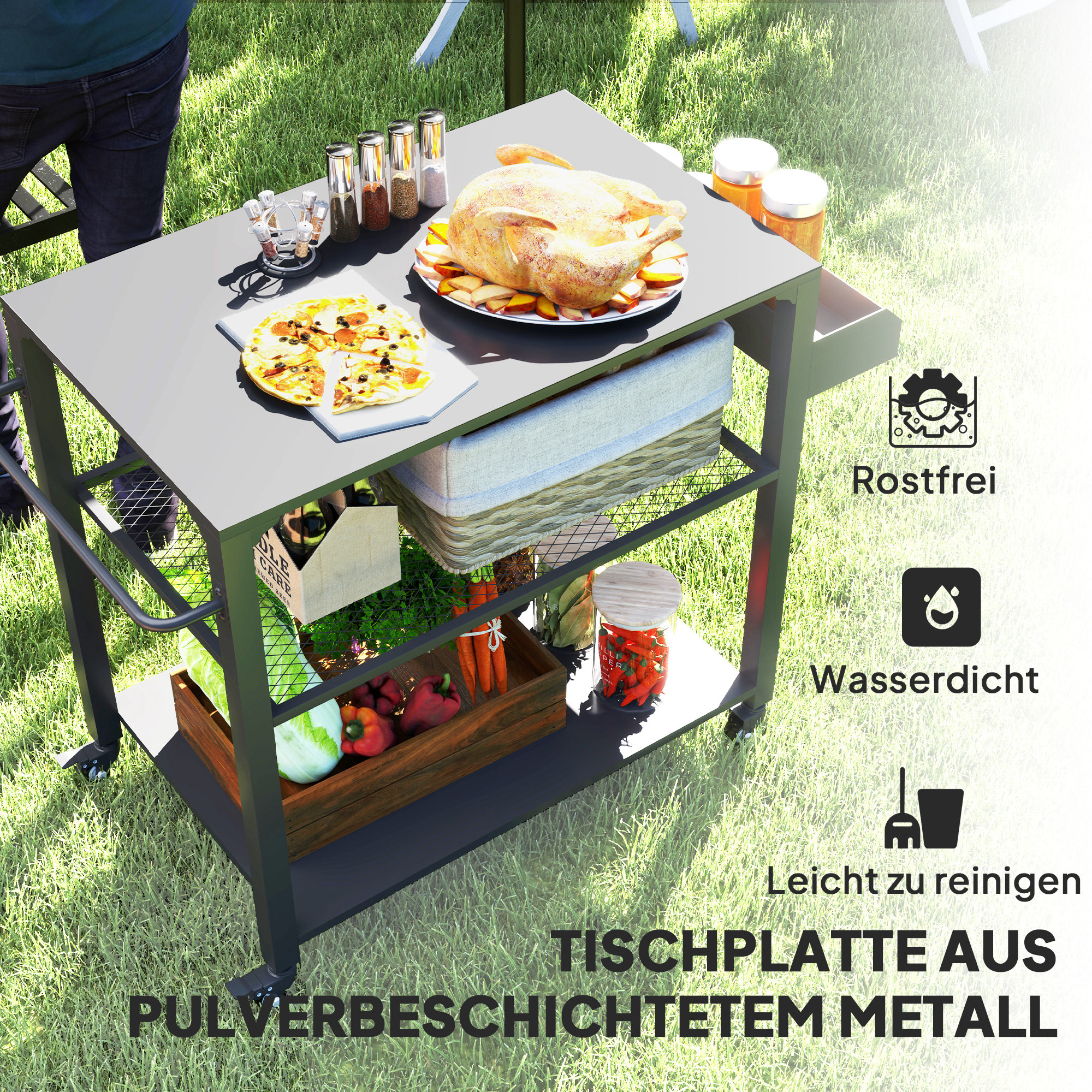 Outdoor-Kücheninsel, Grillwagen mit Aufbewahrungsregal, Griff, 4 Rollen, Küchenwagen, Terrasse, Garten, Metall, Schwarz
