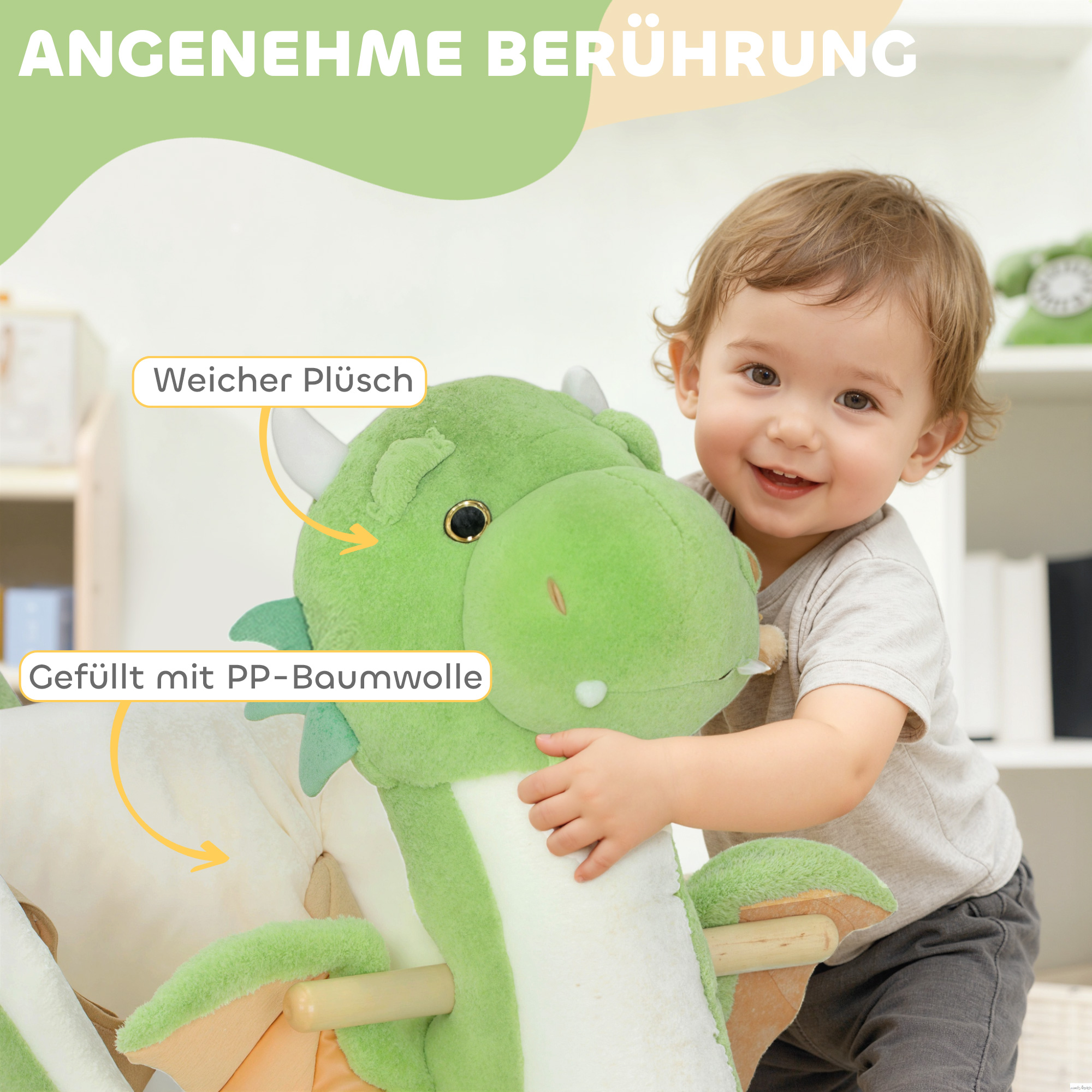 Schaukeltier, Dinosaurier-Schaukel, interaktive Tiergeräusche, weiche Füllung, Holzrahmen, 65 x 38 x 72 cm, Grün