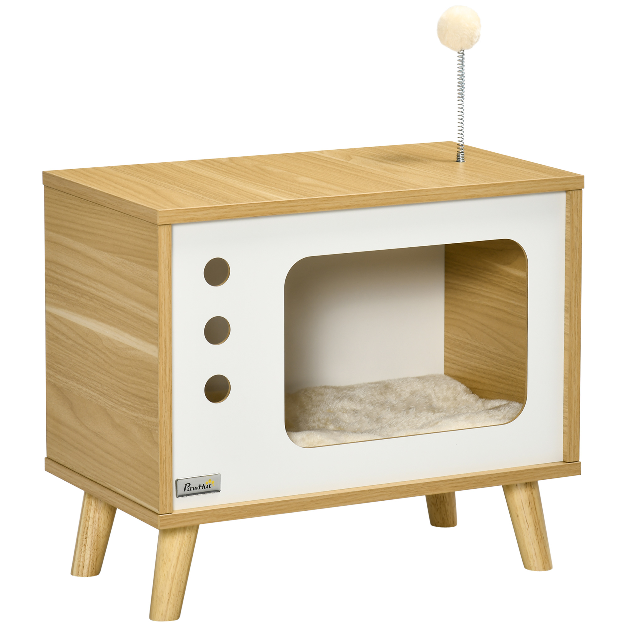 Katzenhöhle imTV-Design inkl. Spielzeug, waschbares Kissen, 50 cm x 28 cm x 43 cm, Eiche + Beige + Weiß