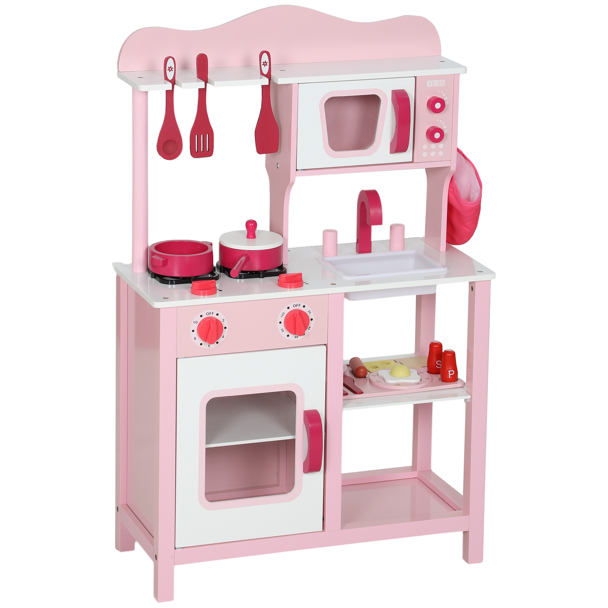 Kinderküche zum Spielen, Zubehör aus Holz, Küchengeräte, kompakt, Geräusche, Rosa