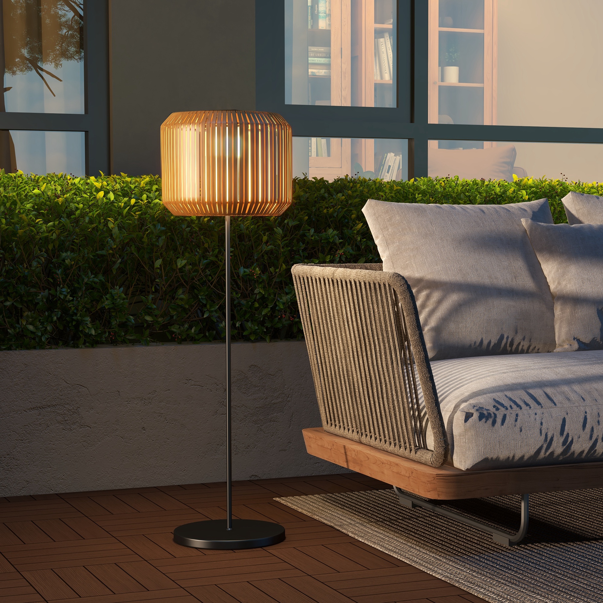 Rattan Außenleuchte, Solar Gartenlampe, Einschaltautomatik, LED, wetterfest, Metallrahmen, Ø34 x 130cm, Schwarz/Gelb