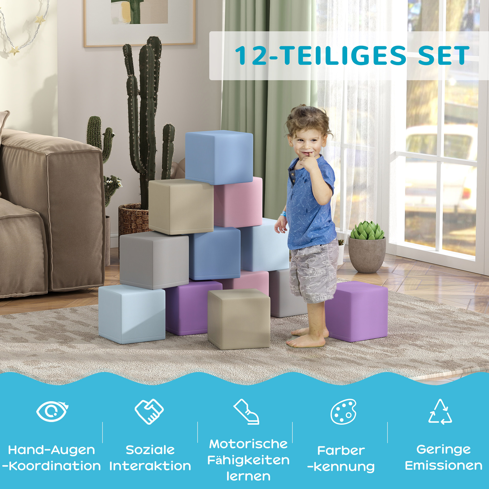 Softbausteine, 12 Würfel á 20 x 20 x 20 cm, pflegeleicht, kindersicher, für 1-3 Jahre, Kunstleder