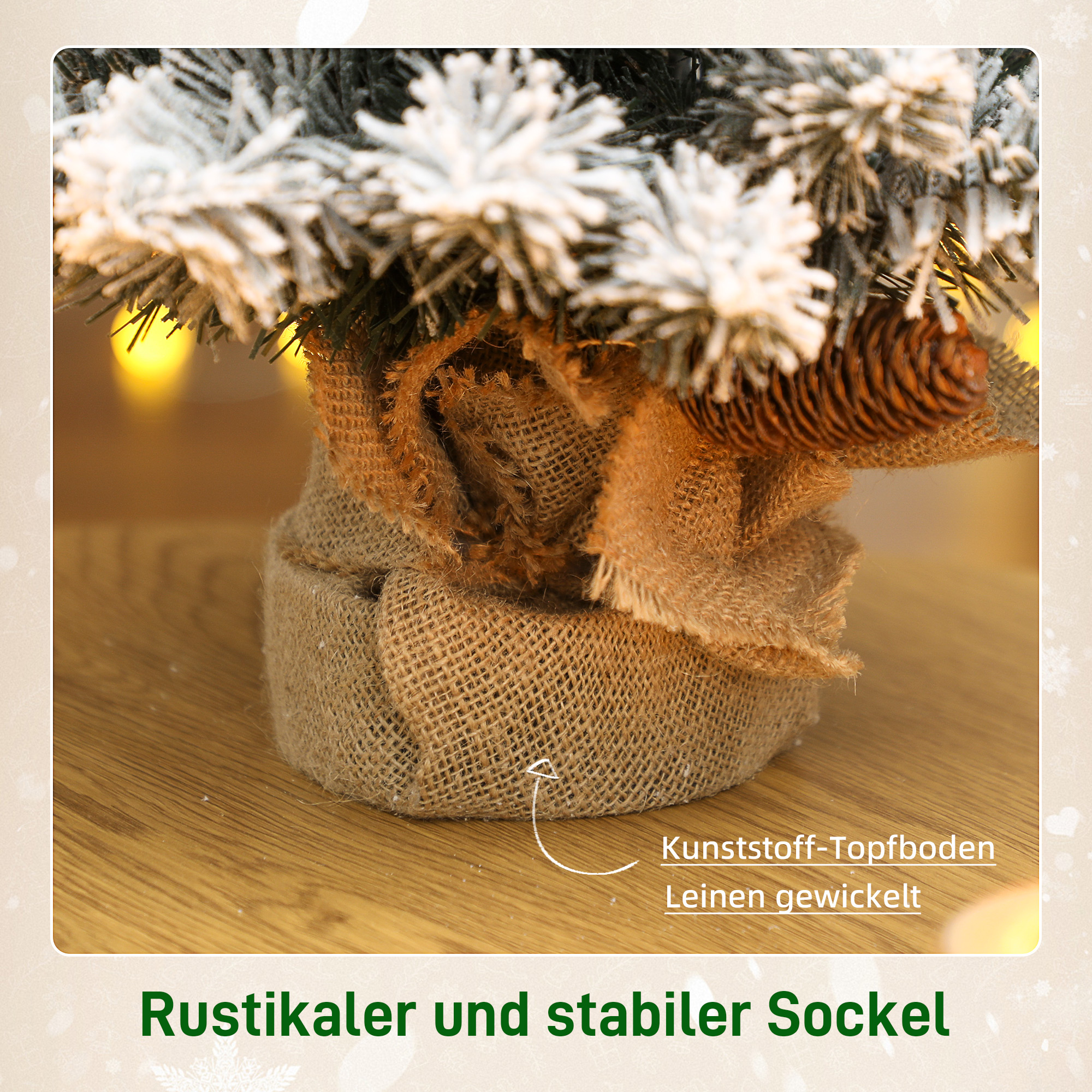 Mini Künstlicher Weihnachtsbaum 60 cm Tannenbaum künstlich mit Schnee, 72 Spitzen 6 Tannenzapfen Zementbasis