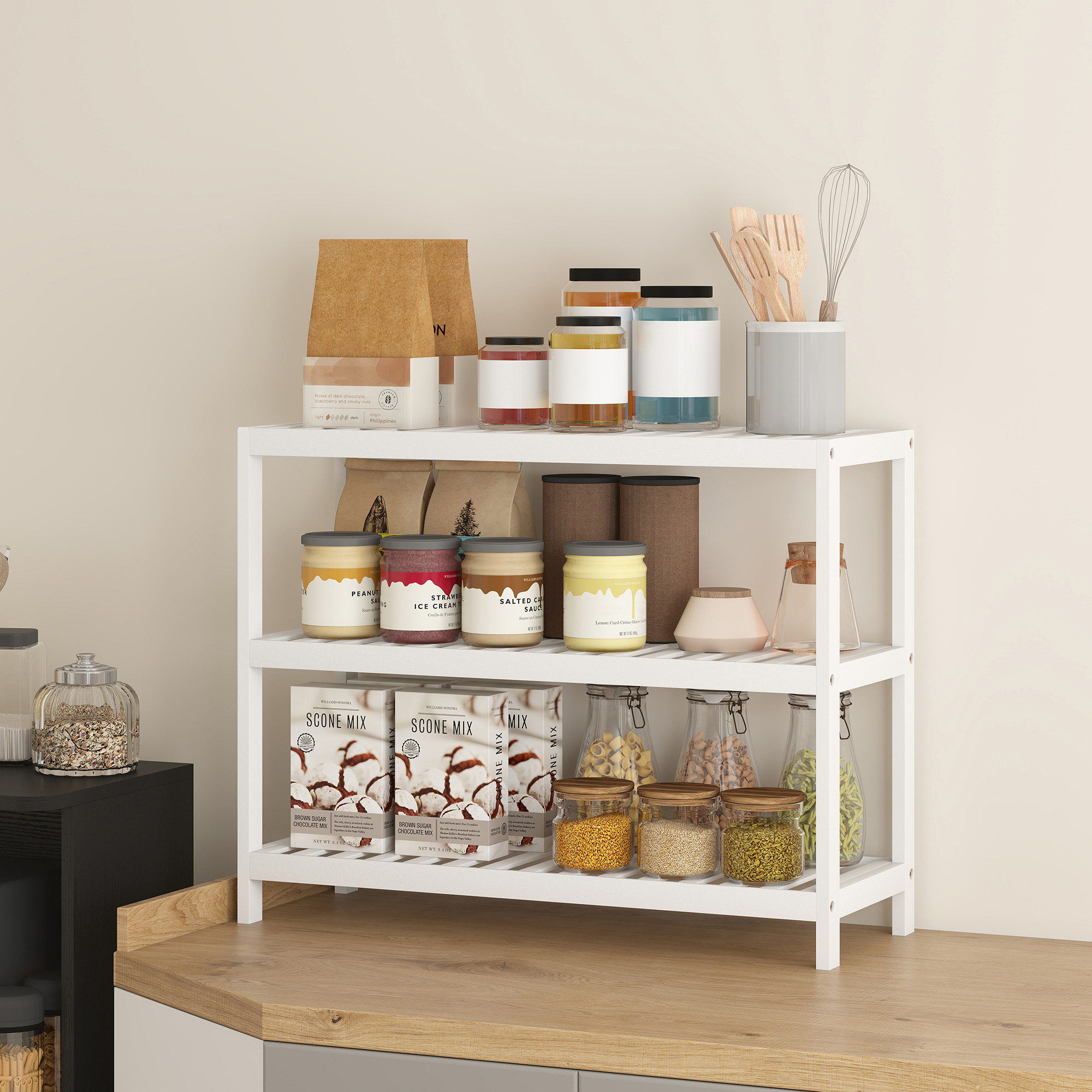 3-stufiges Bambusregal, Schuhregal, Aufbewahrungsregal, lackierte Oberfläche, Weiß