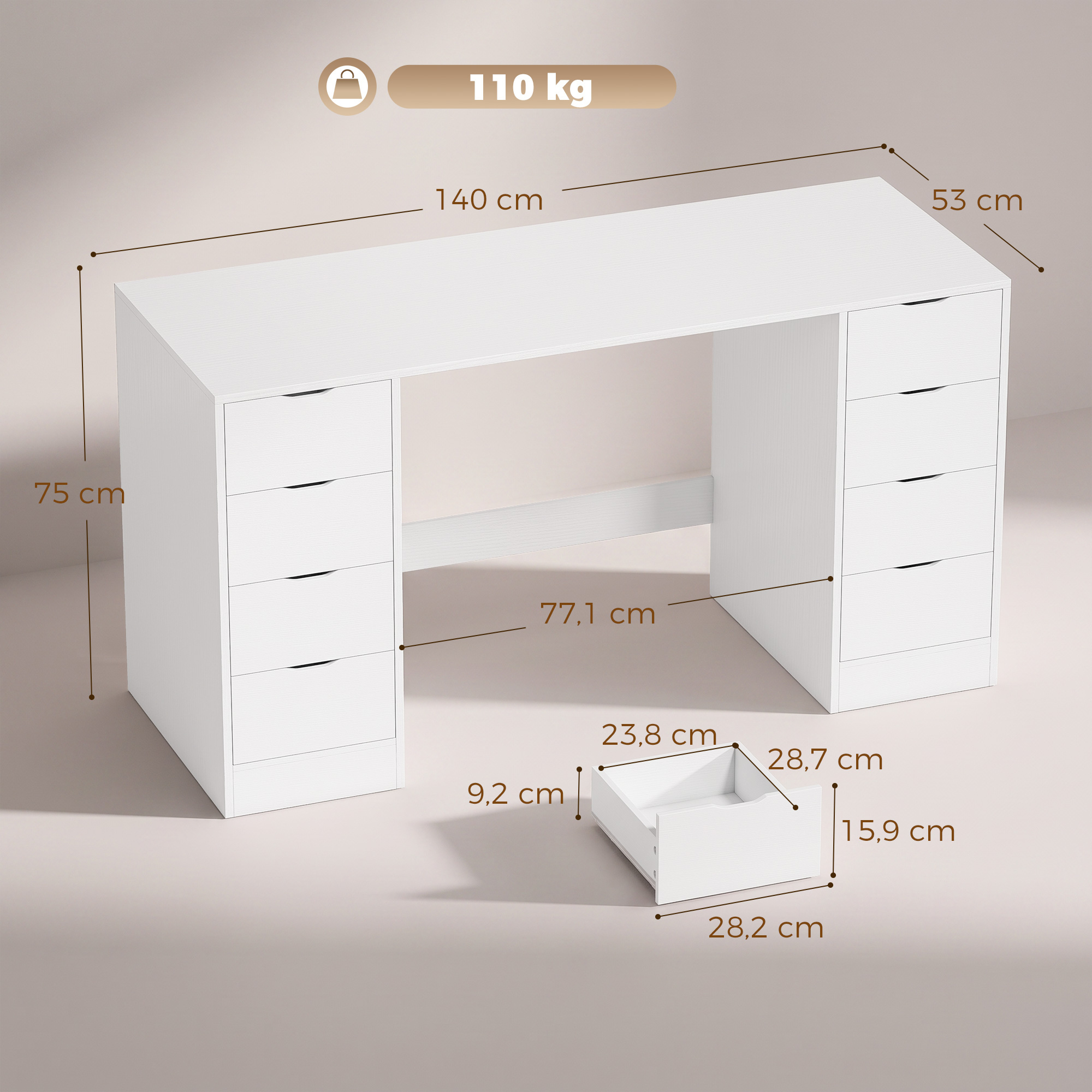 Schreibtisch 140 cm mit 8 Schubladen, moderner Bürotisch mit Stauraum, weiße Holzoptik