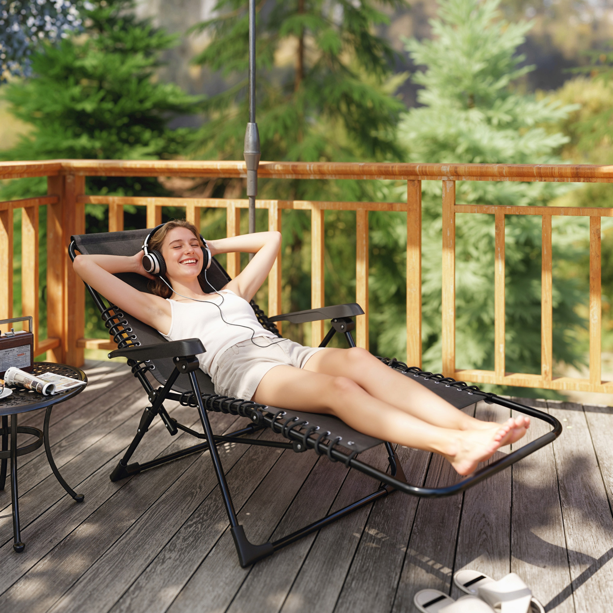 Sonnenliege klappbar Gartenliege mit Kopfkissen, 5-Fach verstellbare Rückenlehne bis 120 kg belastbar Schwarz