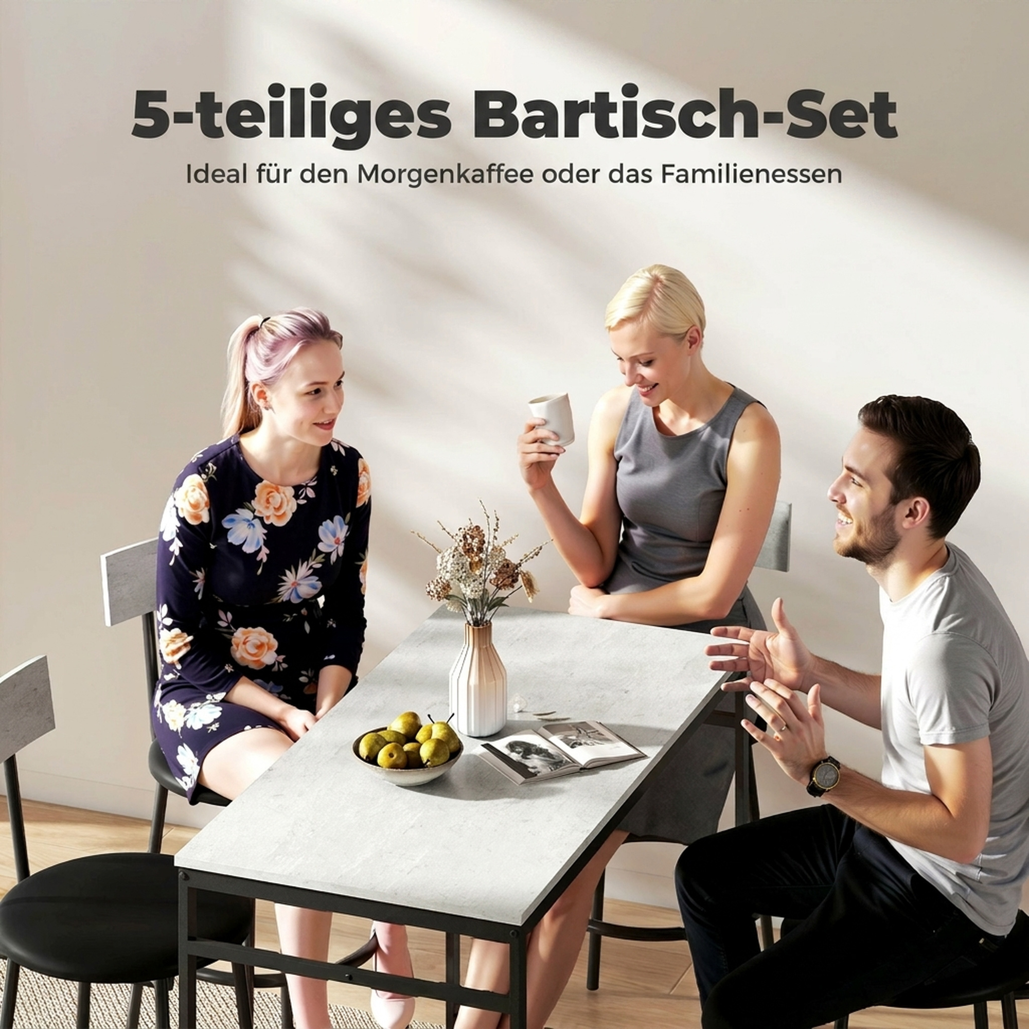 5-teiliges Bartisch-Set mit 4 Stühlen, Industrielles Design, für Küche, Esszimmer, Stahl, Hellgrau