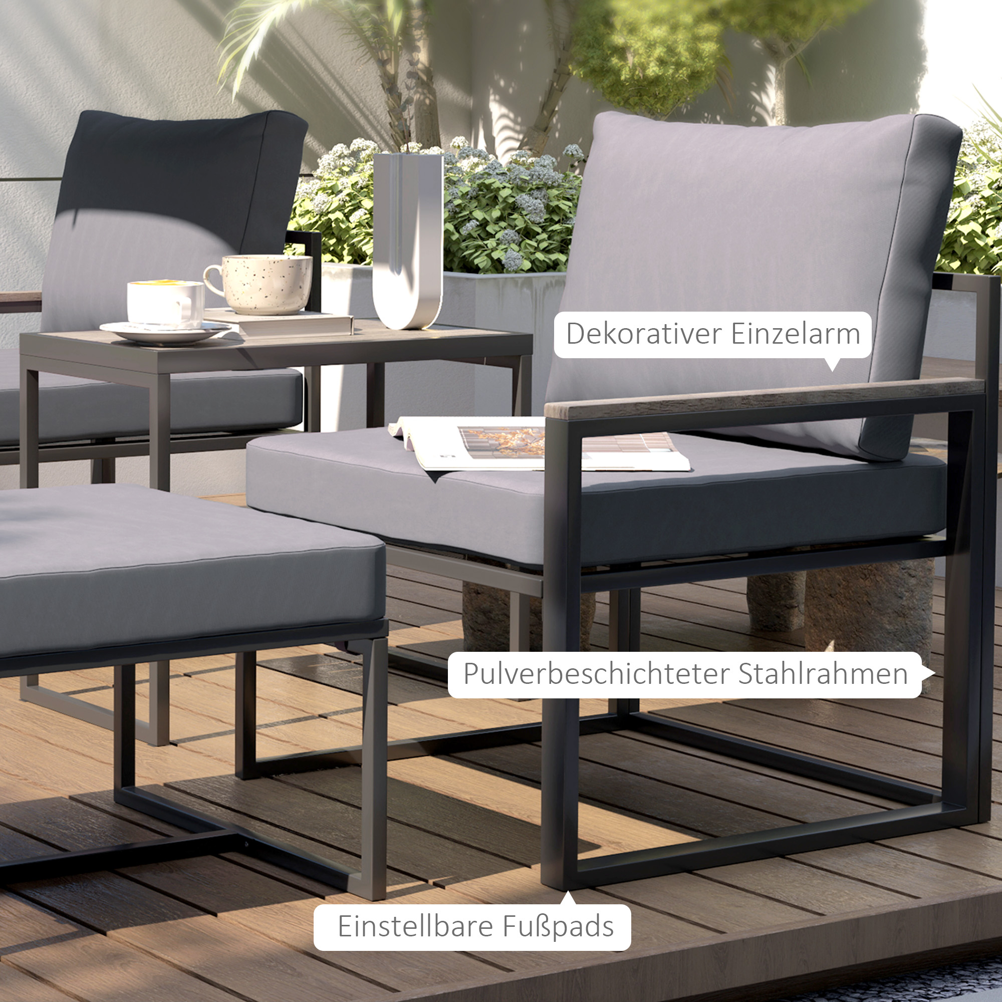 Stahl Gartenmöbel Set 2 Personen wetterfest Balkonmöbel-Set mit 2 Sessel Sitzkissen Beistelltisch Grau
