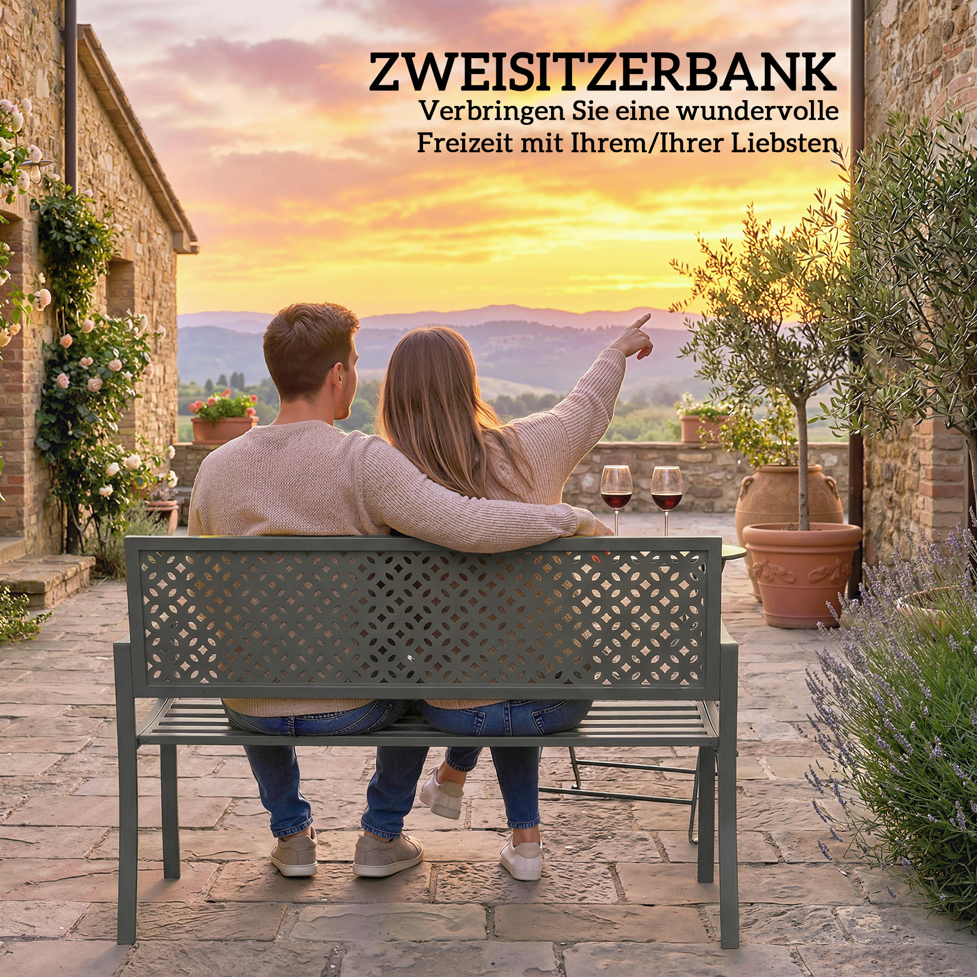 Gartenbank 2-Sitzer Metall wetterfest Outdoor Sitzbank mit rostbeständiger Rückenlehne, Geometrisch bis 240 kg
